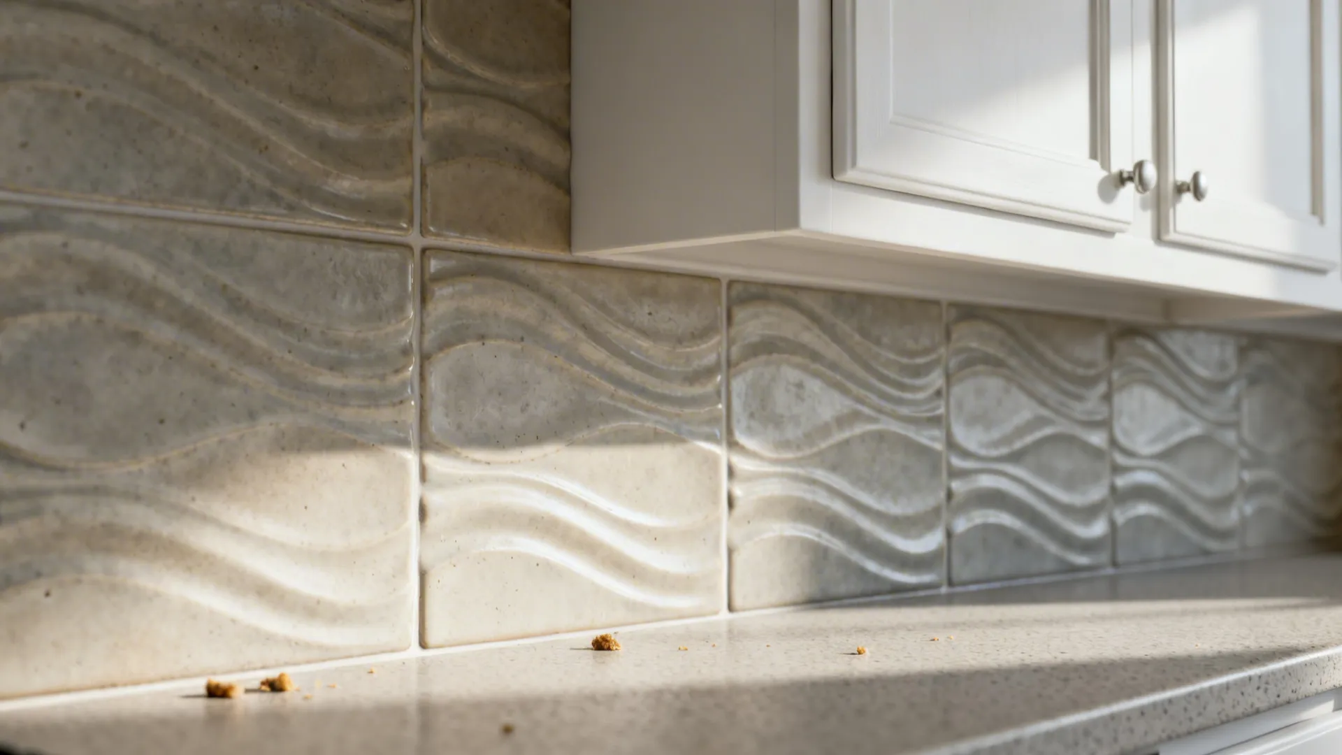 Macro view of matte textured porcelain backsplash tiles with soft ridges next to white kitchen cabinets.