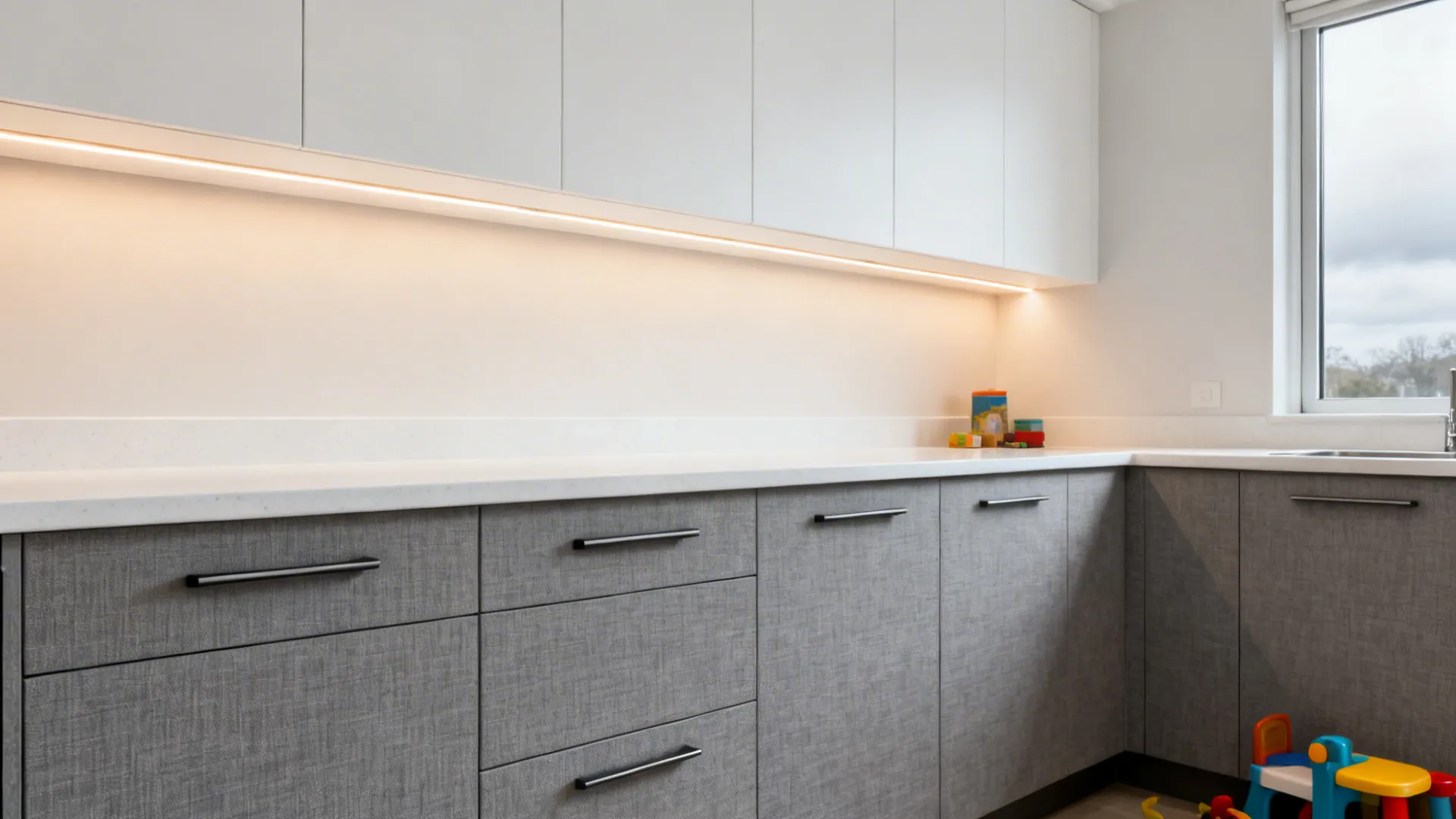 Idea 2: Matte White Uppers, Textured Grey Lowers + Sleek Handles