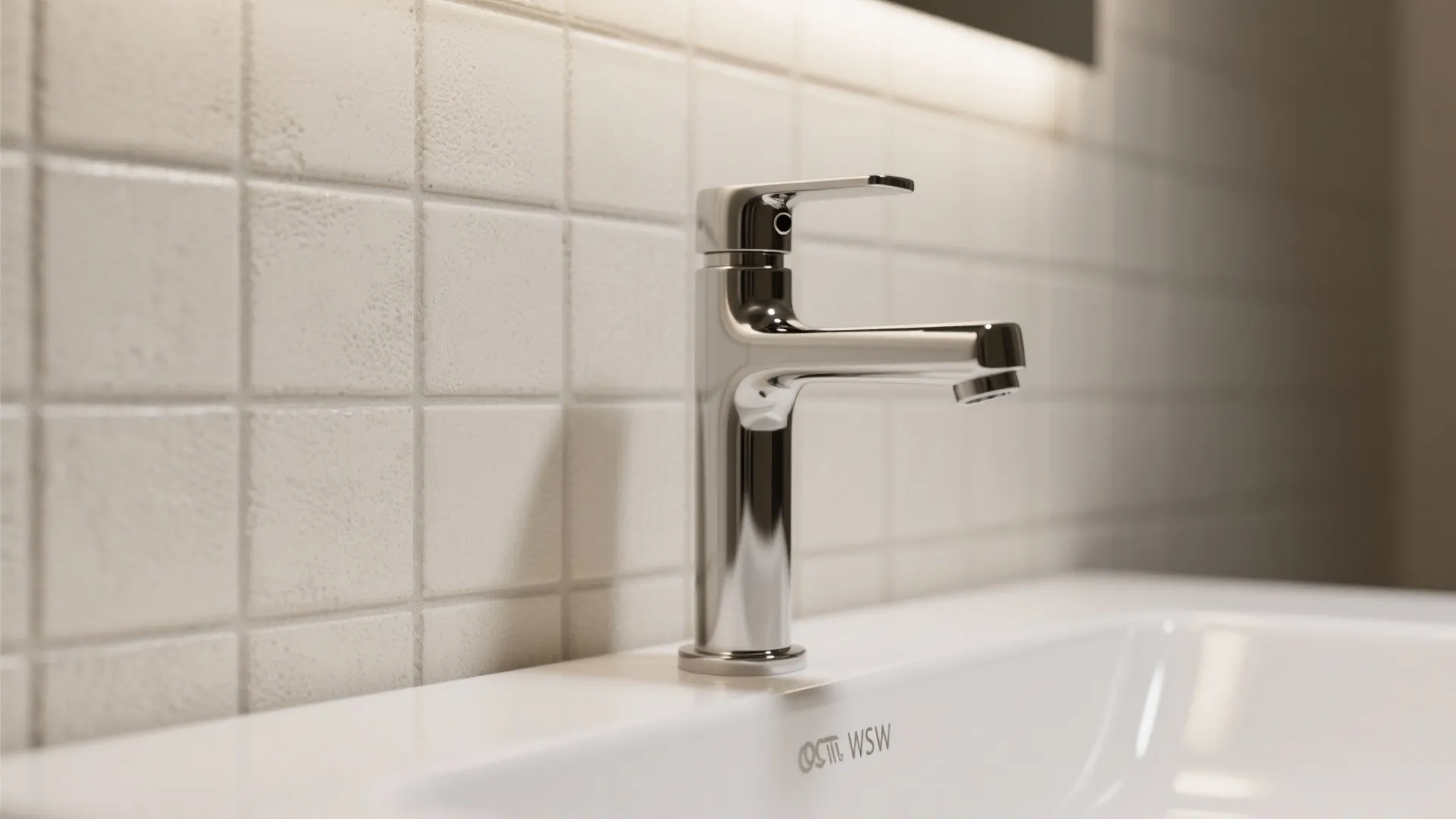 Macro view of matte off-white tile with glossy chrome faucet and mid-tone grout.