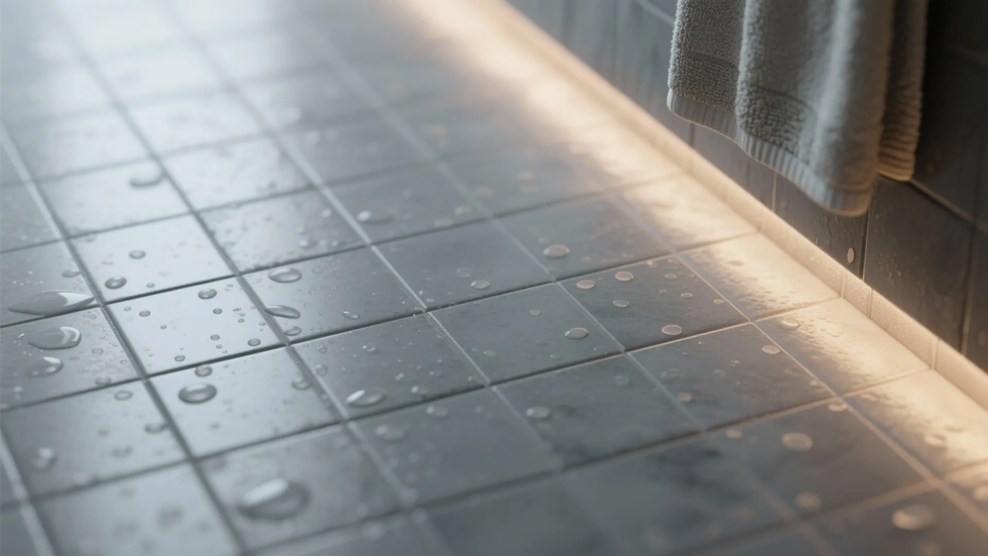 Close up view of grey bathroom floor tiles with water drops and warm hidden lighting