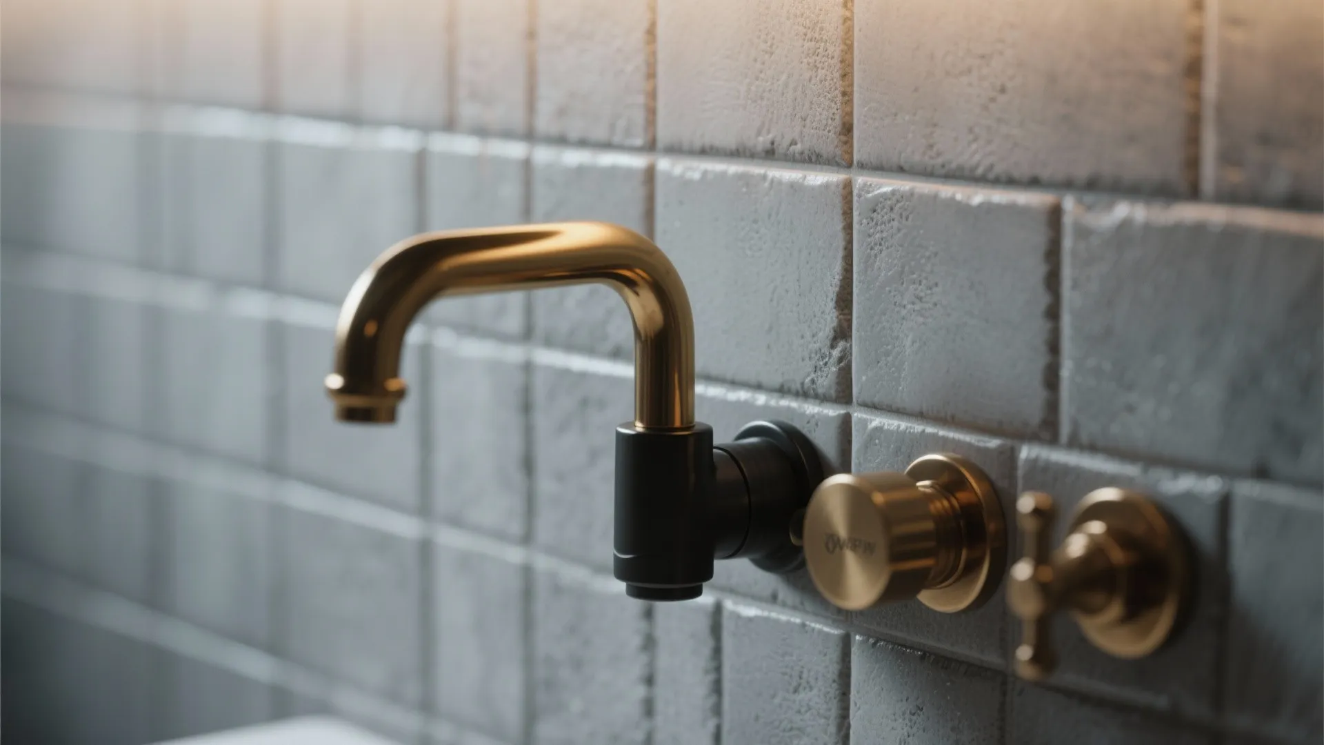 3. Matte gray tiles with warm metal fixtures