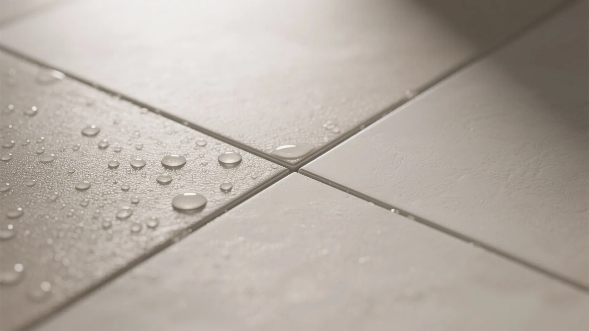 Close up view of water droplets on matte cream bathroom floor tiles with clean grout lines