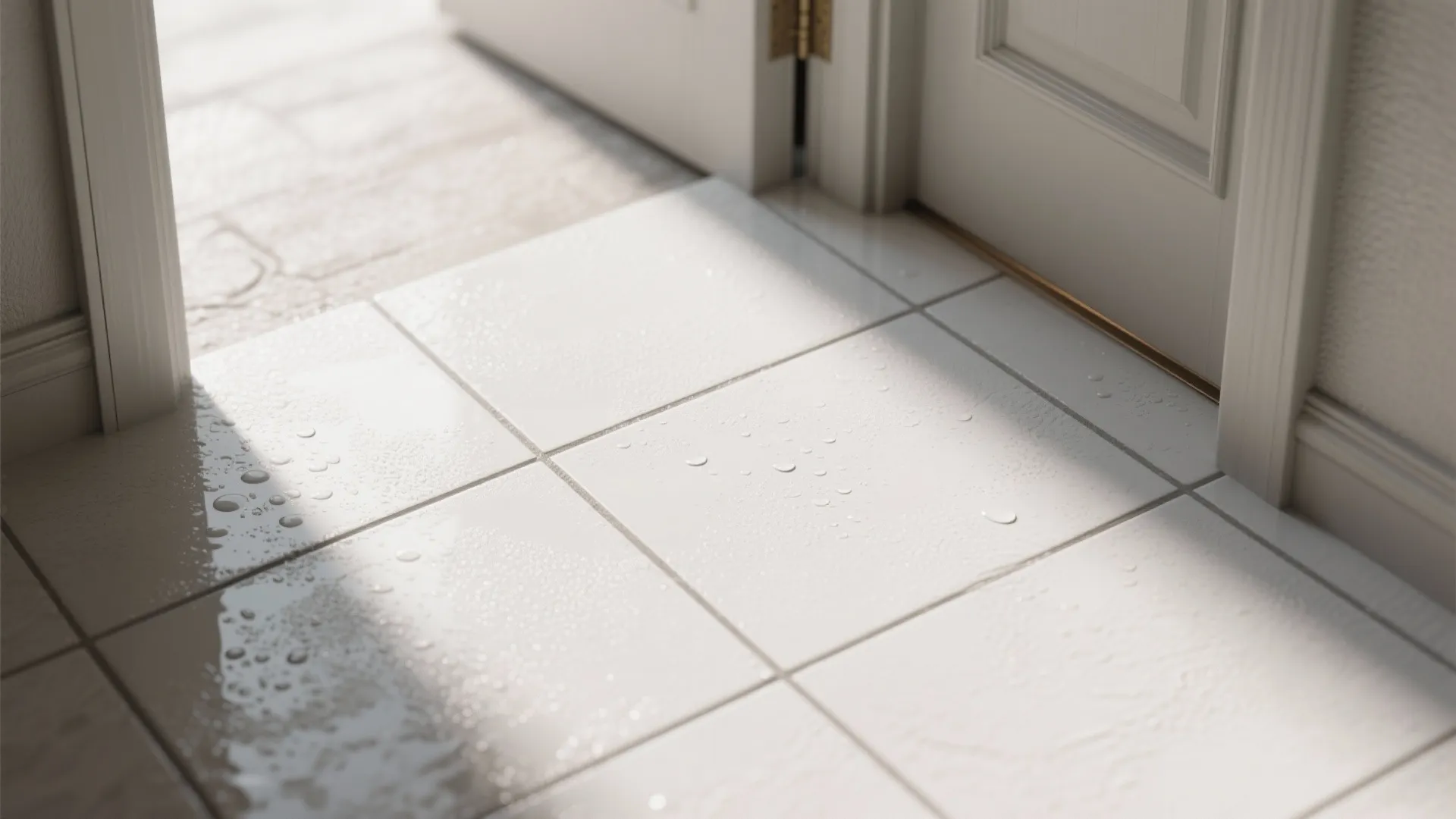 White floor tiles covered in water droplets near an open door with bright natural sunlight