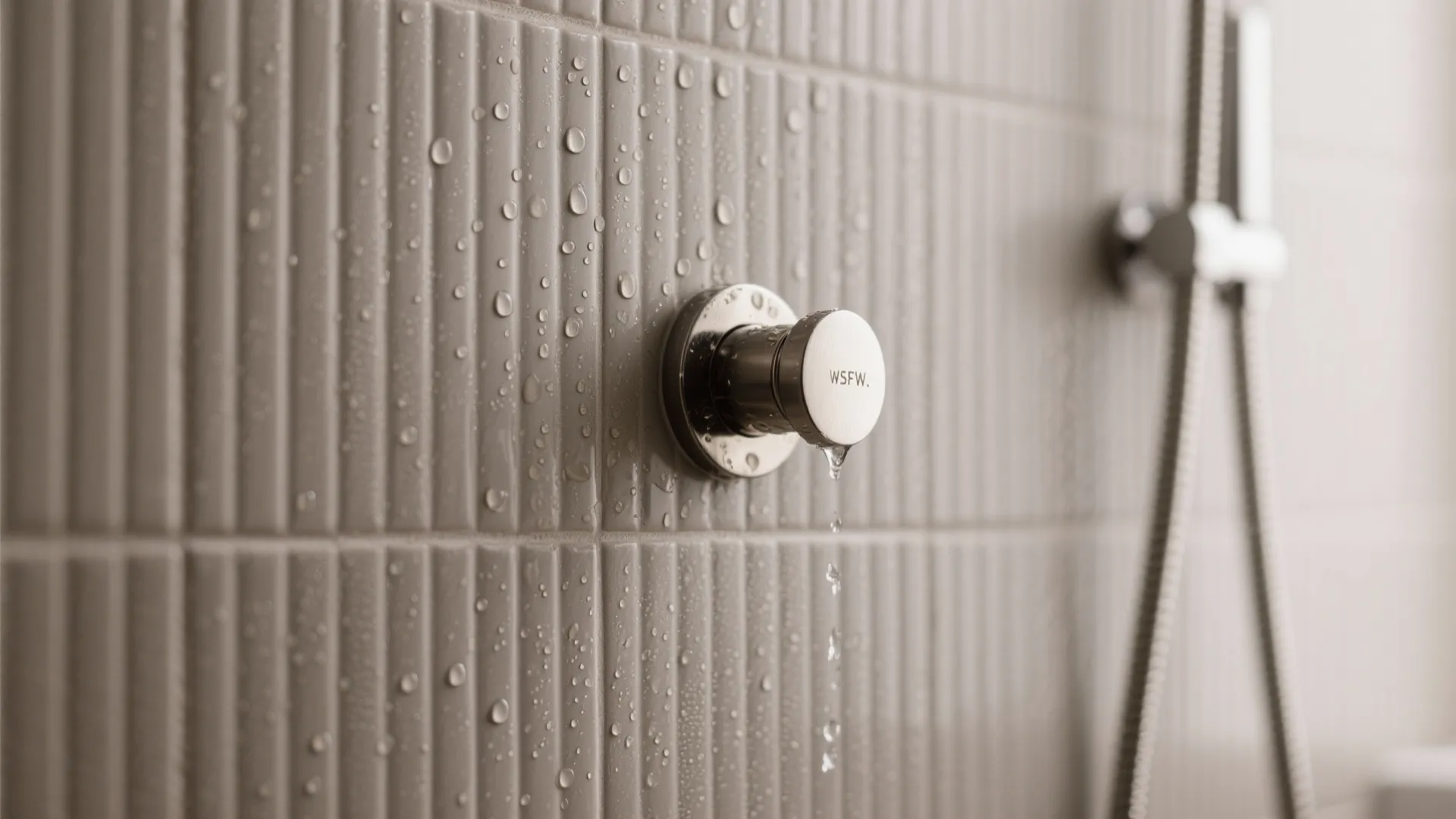 Close up of a silver shower control on grey wall tiles with many small water drops
