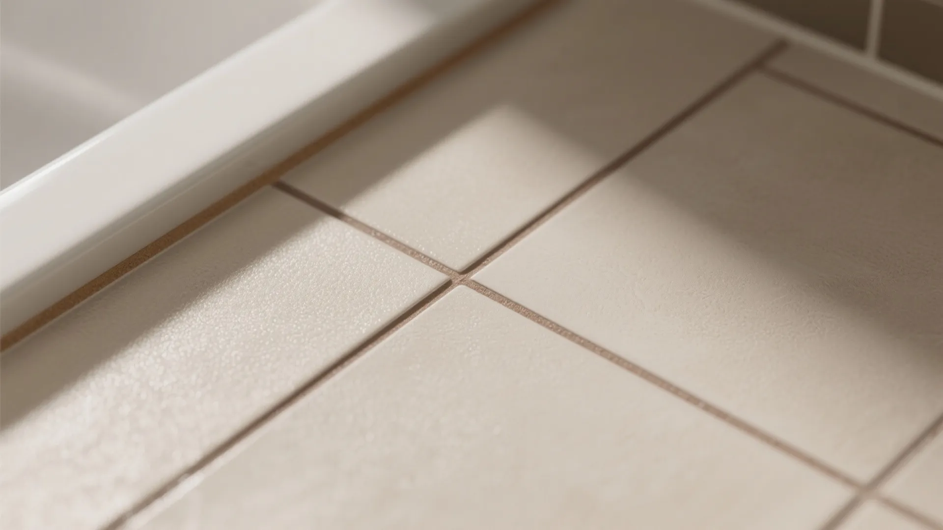 Close up view of cream square floor tiles with brown grout lines in a bright bathroom