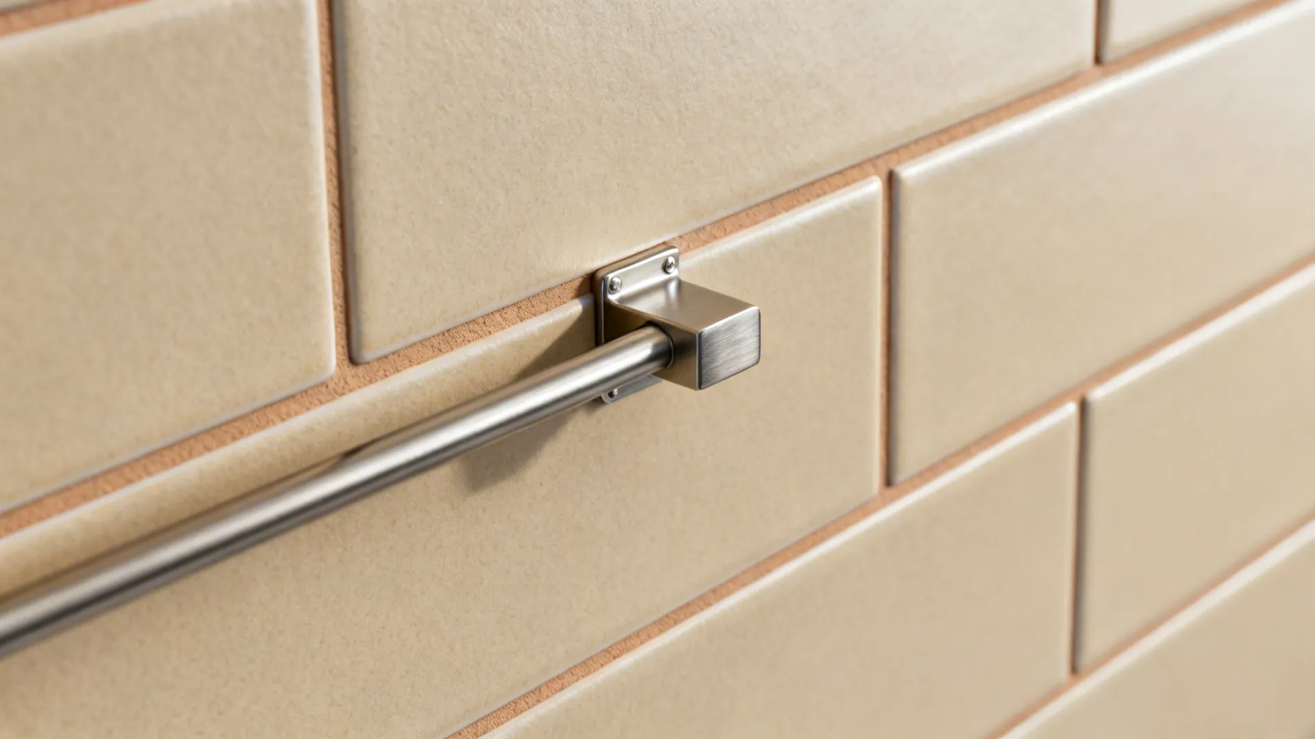 Macro of matte porcelain subway tiles with tight color-matched grout and a rail bracket.