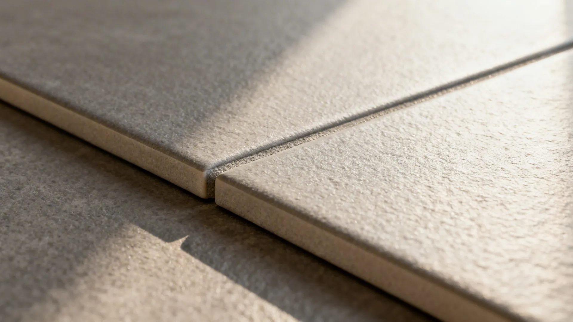 Close-up view of light grey matte floor tiles showing rough texture and a grout line