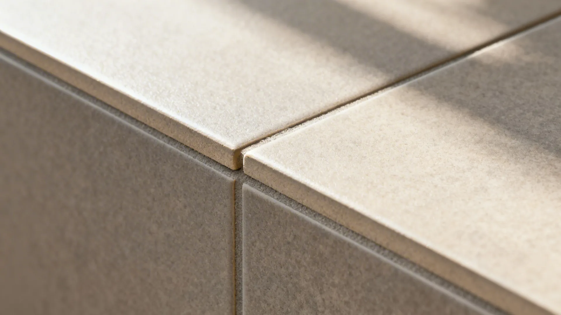 Macro of matte ceramic tile with tight grout and rectified edges in warm gray-beige.