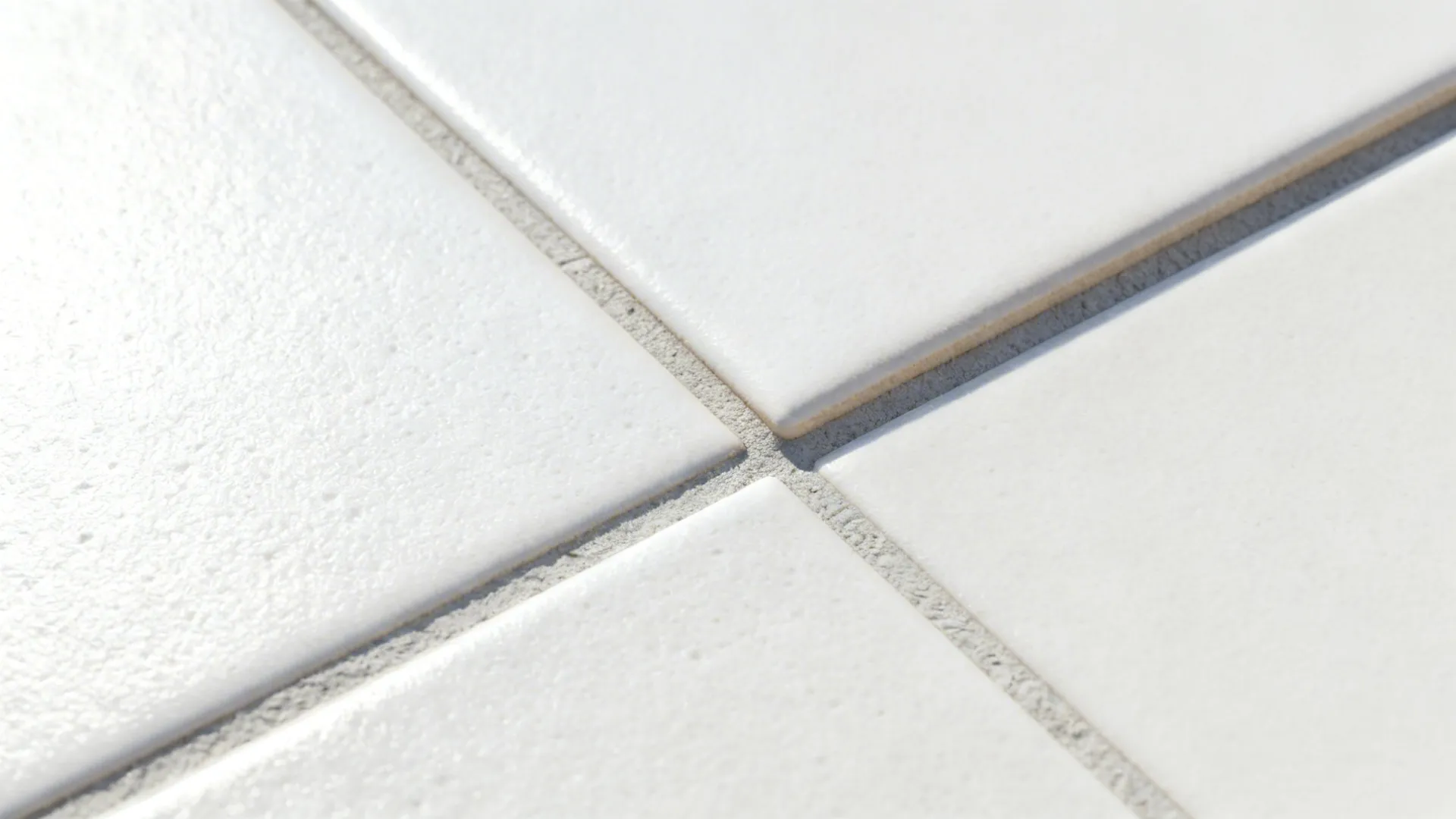 Macro detail of matte white porcelain tile with tight light-gray grout.