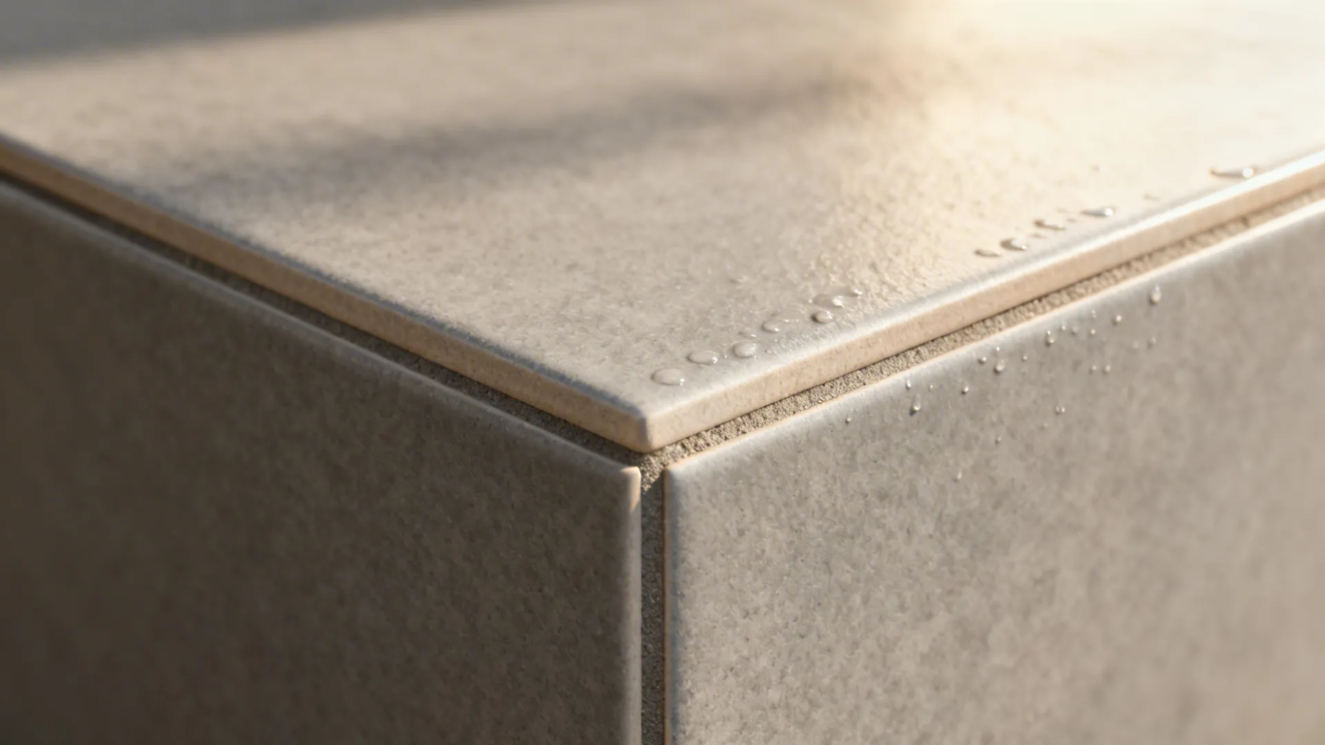 Macro view of rectified matte porcelain tile with tight grout and subtle texture.