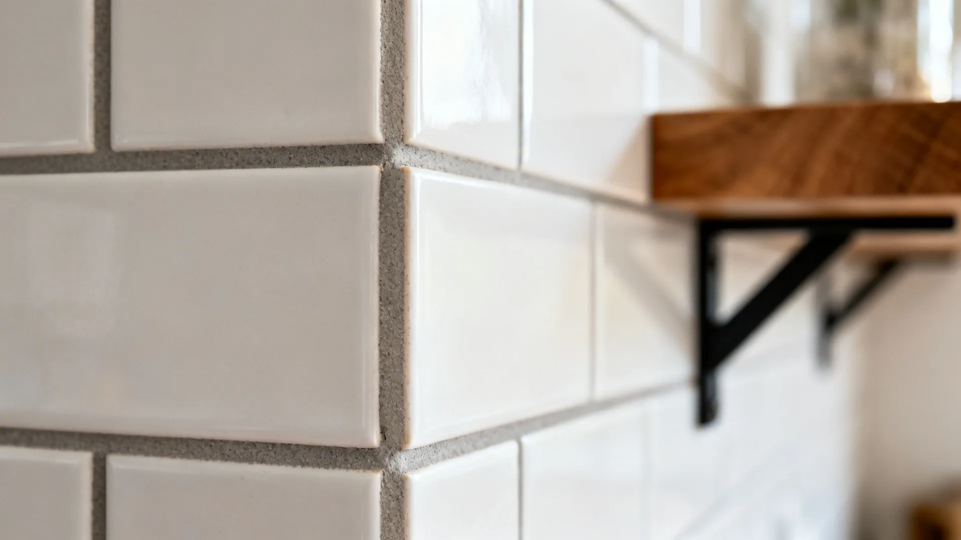 Macro view of matte white tiles with warm gray grout showing subtle texture.