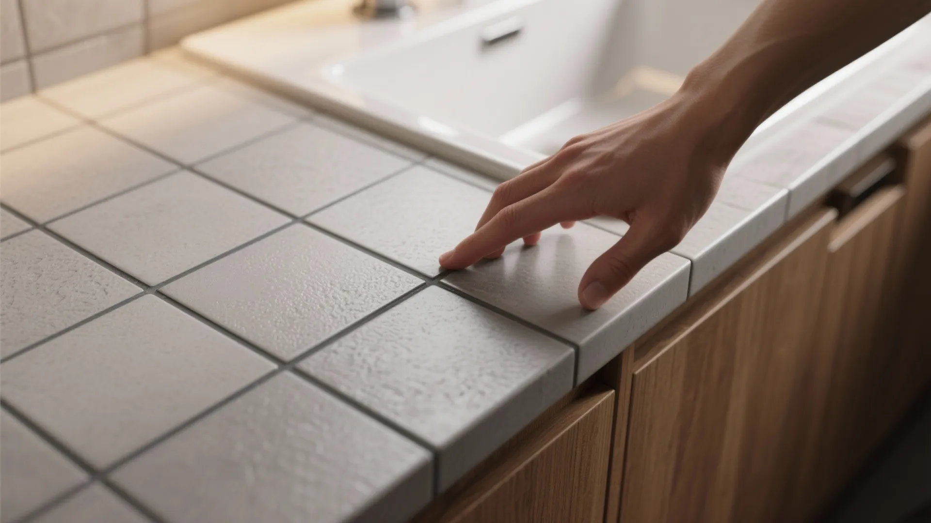 Close-up of matte porcelain tile texture with charcoal grout illustrating slip resistance