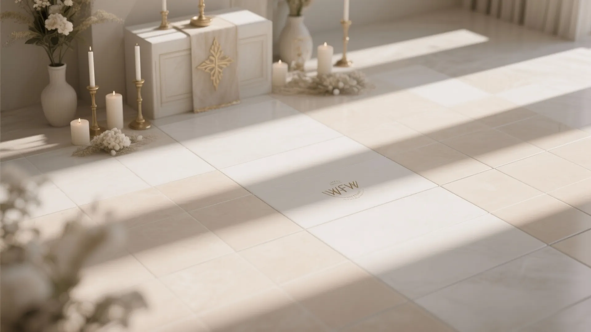 Cream and white floor tiles with sun light shadows and burning candles near small white flowers