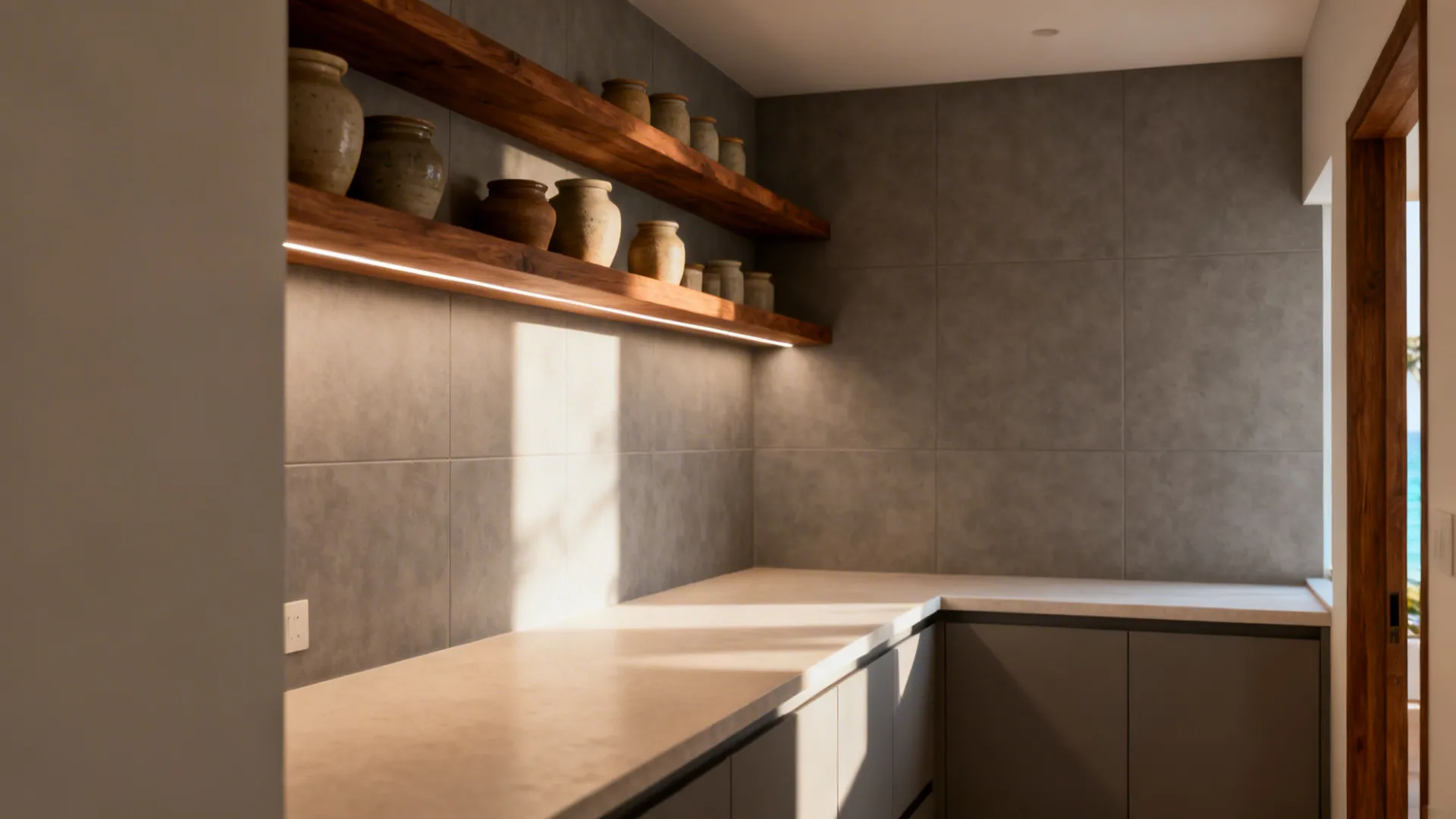 Kerala kitchen with warm gray matte wall tiles and teak shelves under soft light.