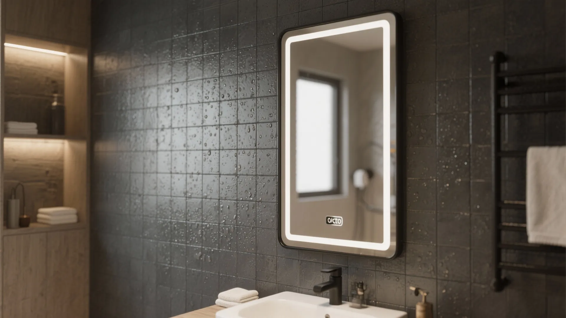 Matte tiles paired with a black frame mirror creating a spa-like textured contrast