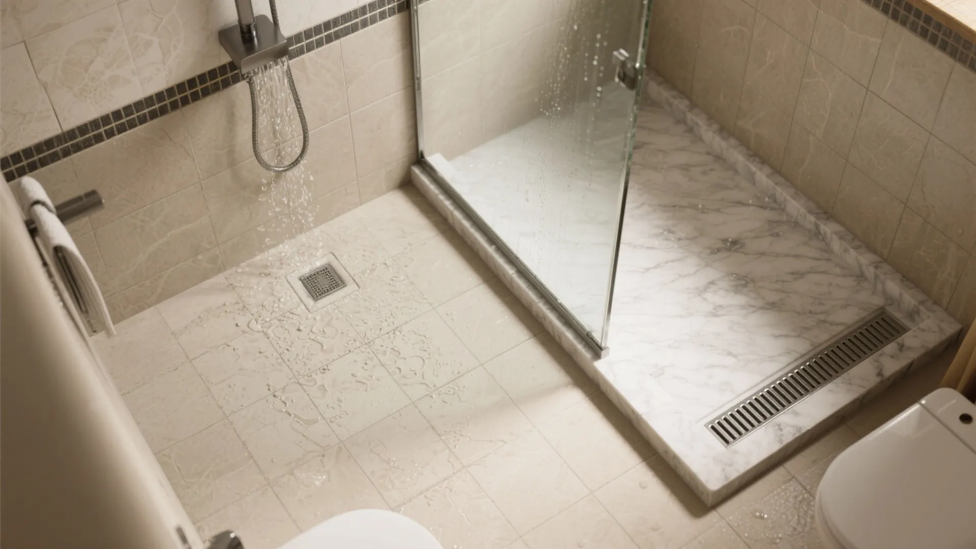 Bathroom floor tiles with water flowing into a silver drain near a glass shower stall