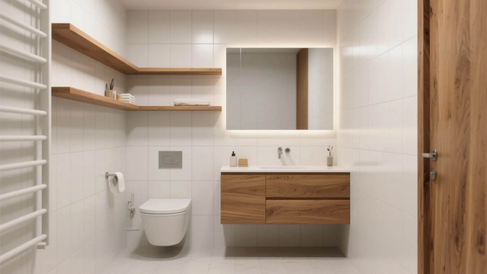 Matte white tile walls paired with a warm wood vanity and open shelves in a small bathroom