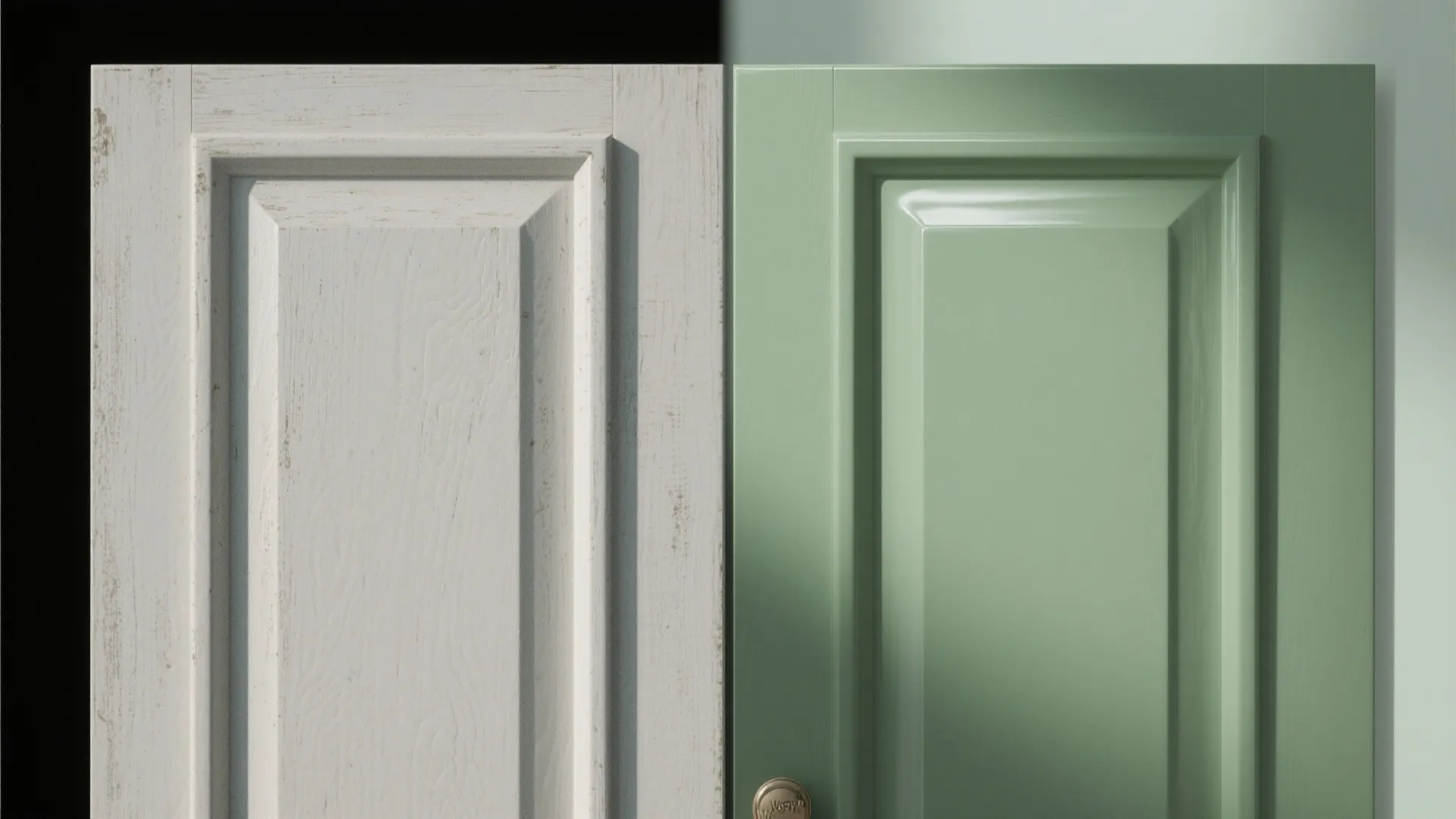 Split image showing matte cabinet before and after ultra-matte topcoat in deep green.