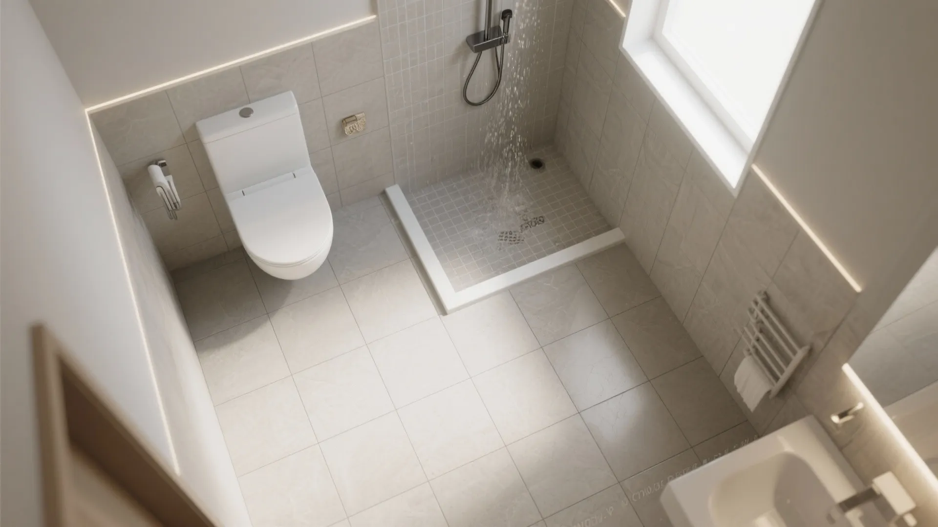 Top view of a modern beige bathroom showing white toilet and open walk in shower area