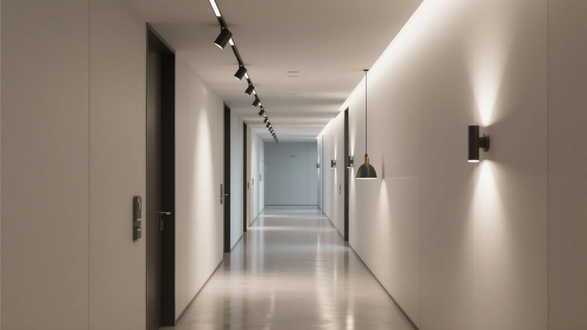 4) Monolithic matte ceiling with magnetic track lighting
