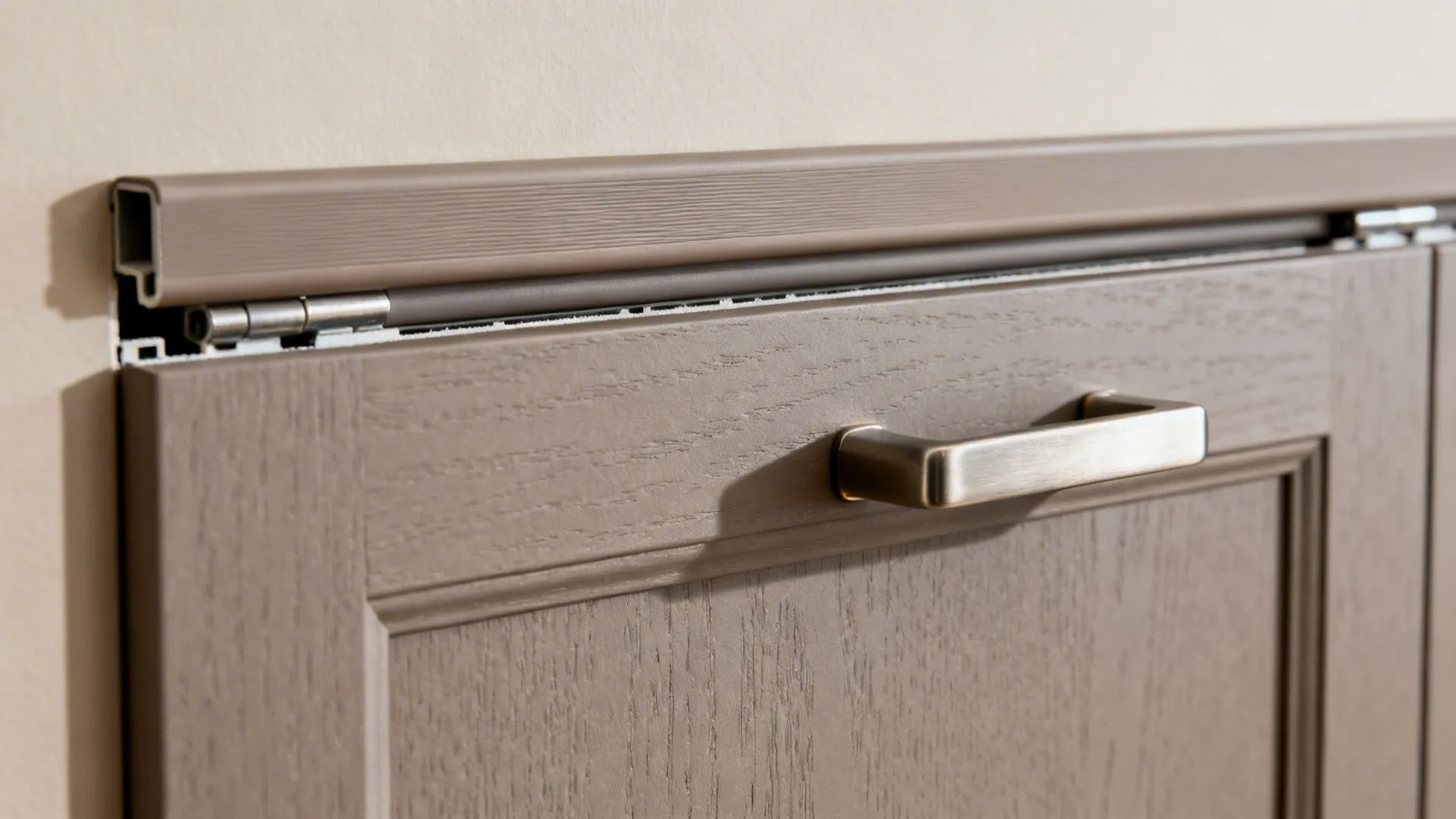 Macro of matte PVC sliding door frame with soft-close roller and sealed bottom guide.