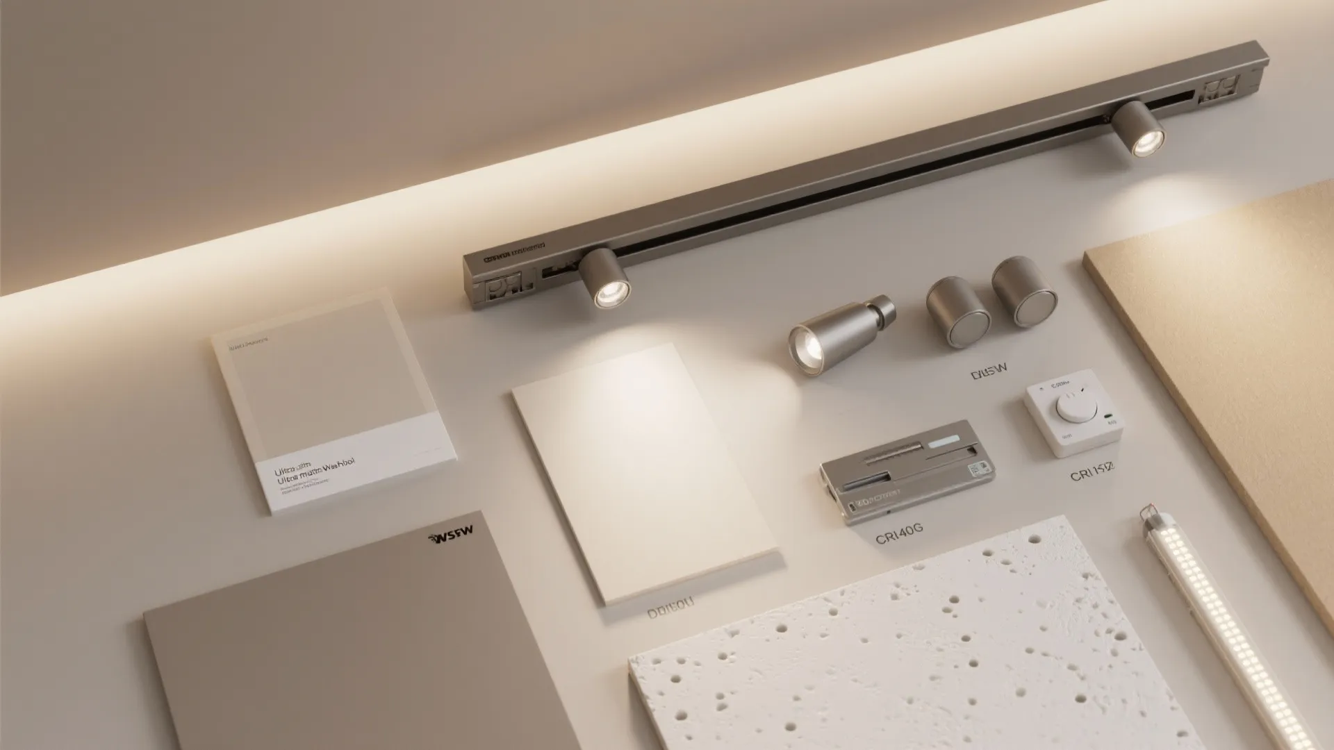 4) Monolithic matte ceiling with magnetic track lighting