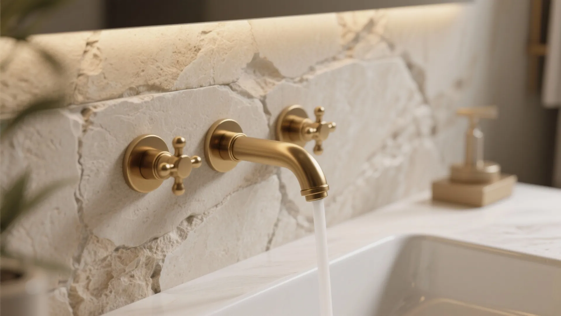 9. Matte Finish Travertine with Brass Fixtures