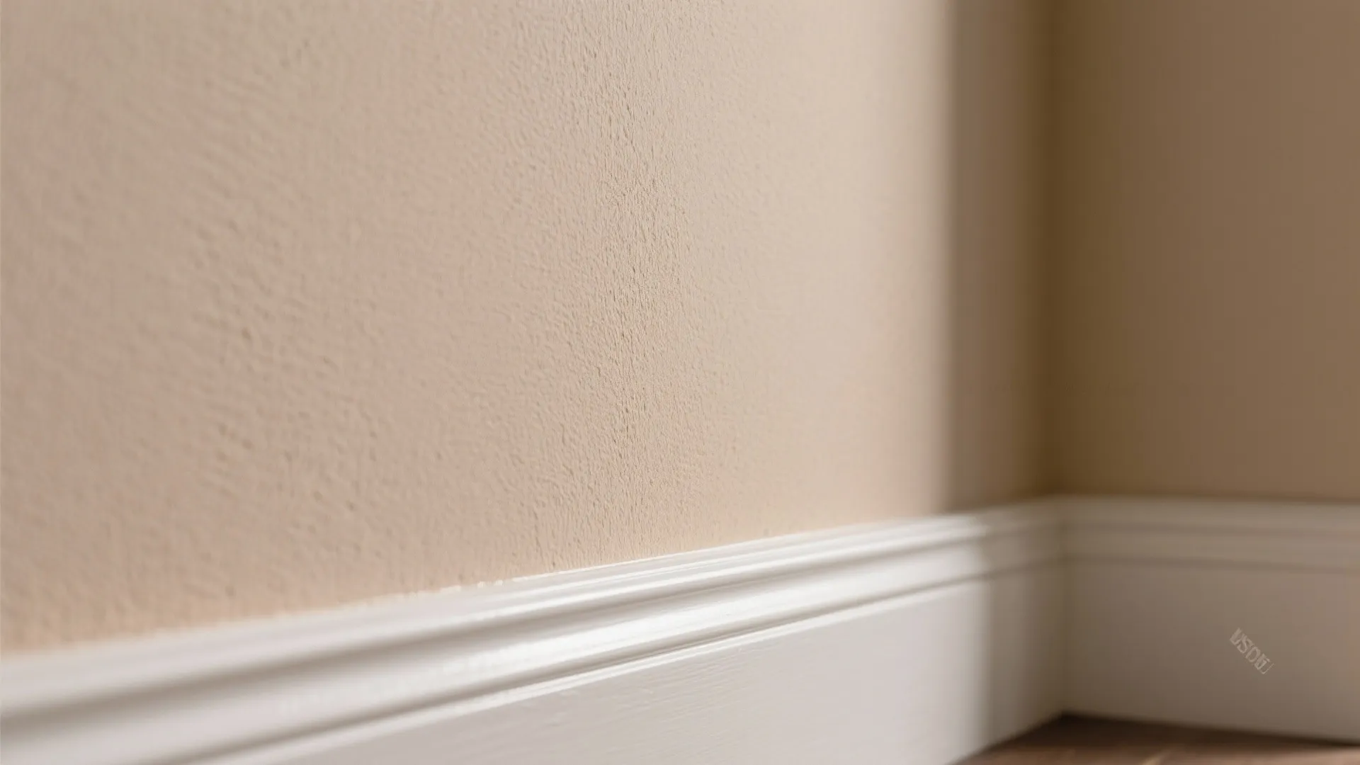 Close up shot of a smooth beige wall with white decorative wood paneling at floor level