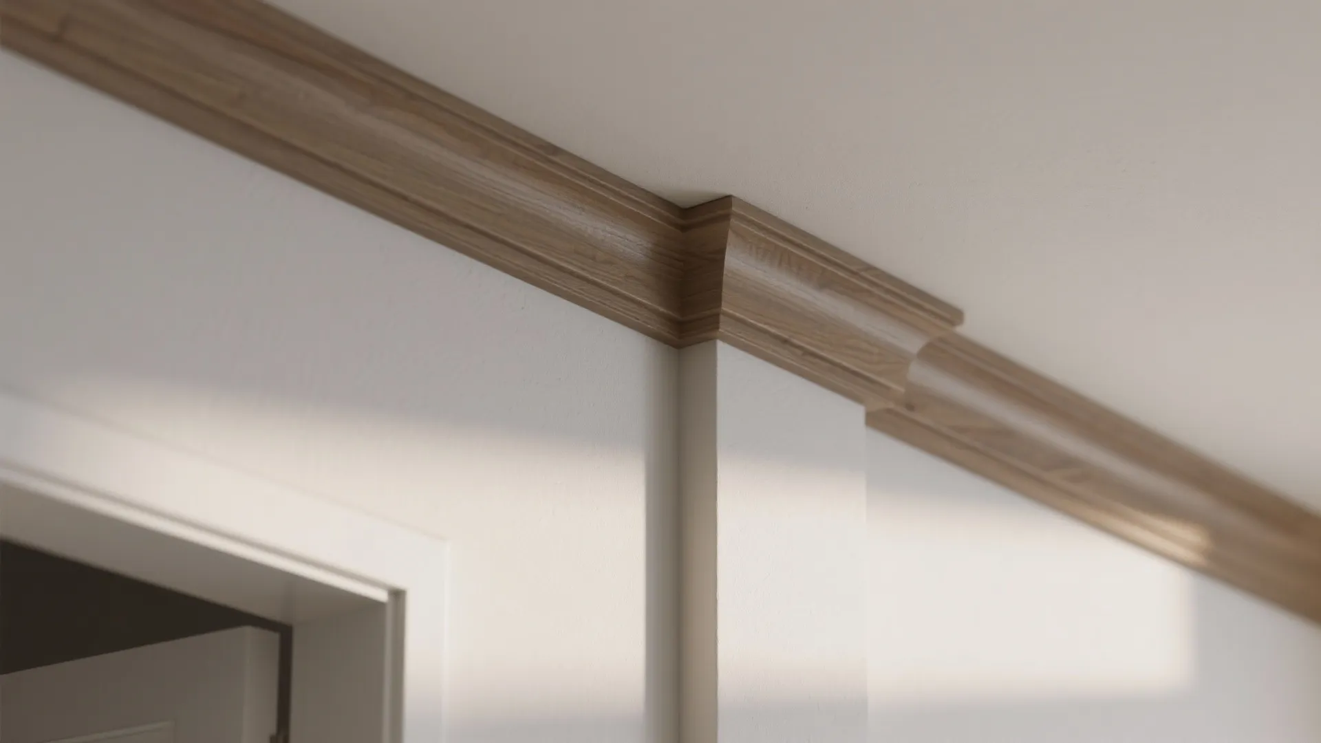 Close-up of matte-painted trim and ceiling junction showing low-sheen texture and crisp edges.