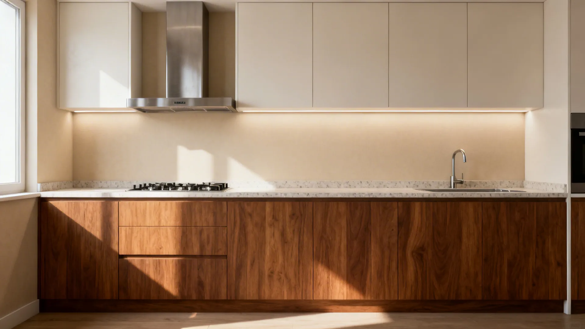 1) Minimalist matte laminate uppers with warm wood base cabinets