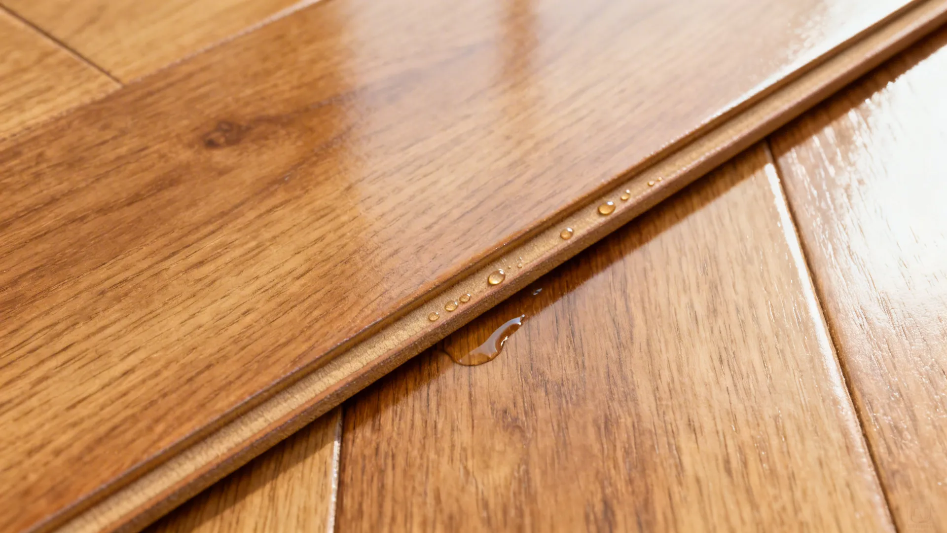 Macro of oak plank with matte urethane and sealed edge showing natural texture.