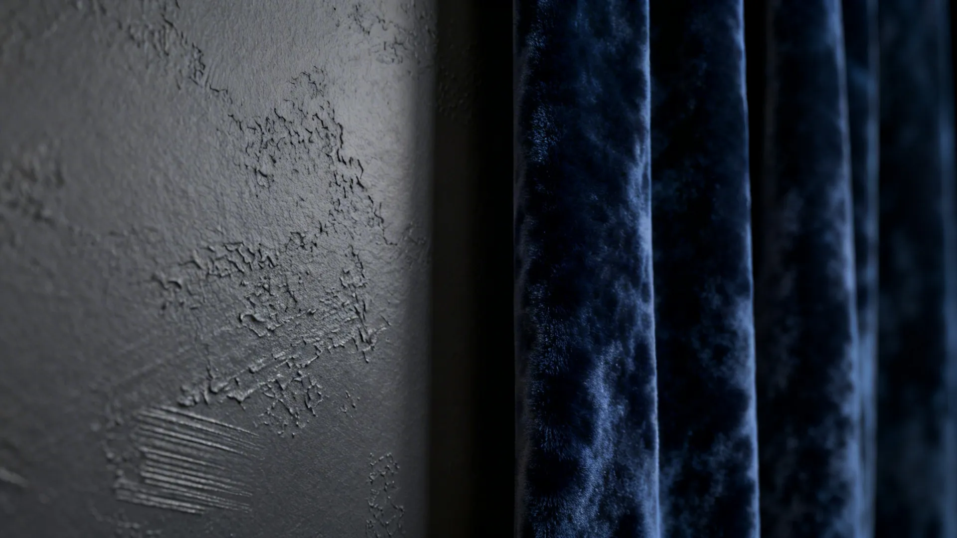Macro of matte charcoal wall and deep navy velvet curtain showing low-reflection texture.