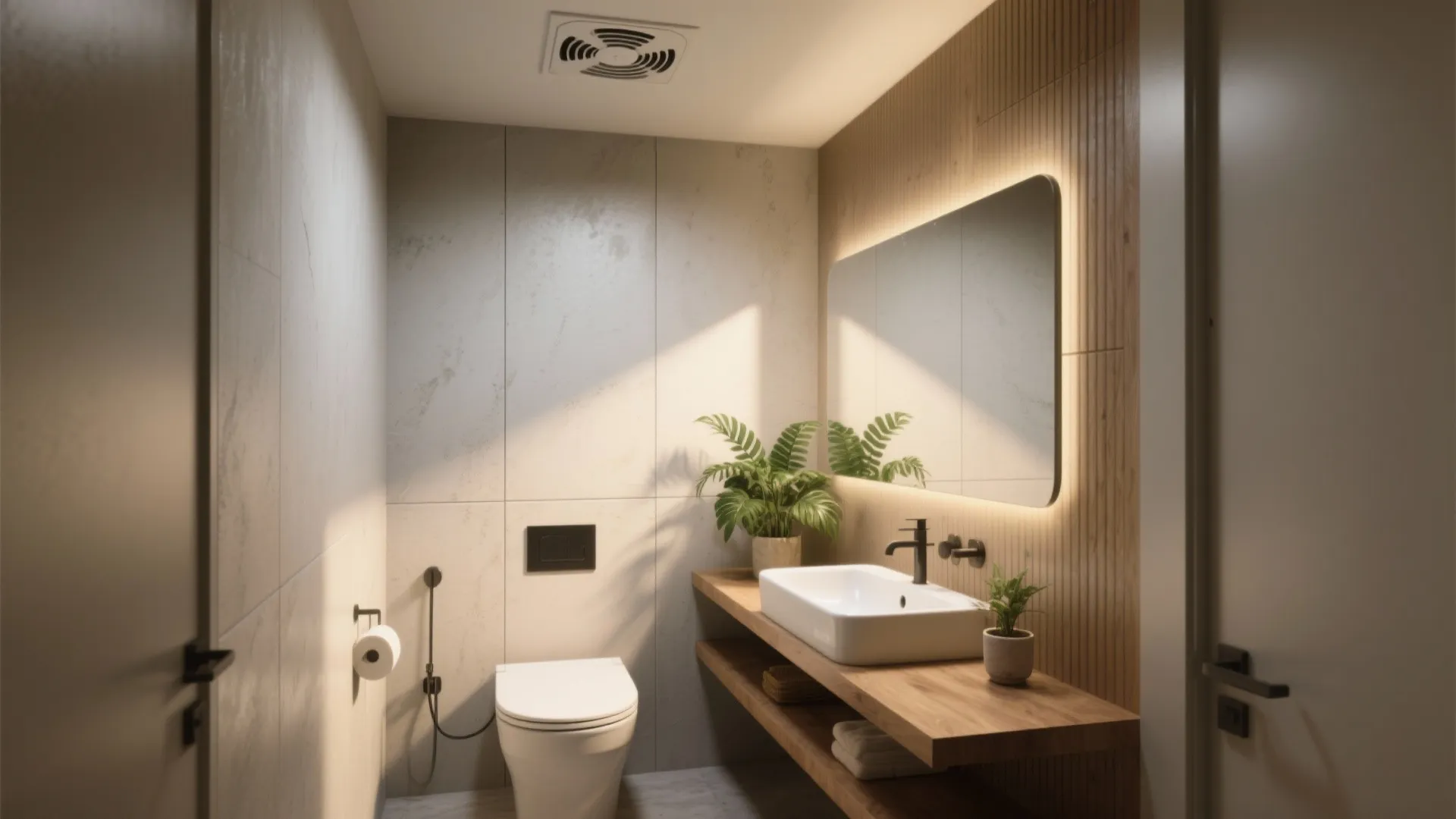 Modern bathroom with wood wall panels large mirror white sink toilet green plants and ceiling fan