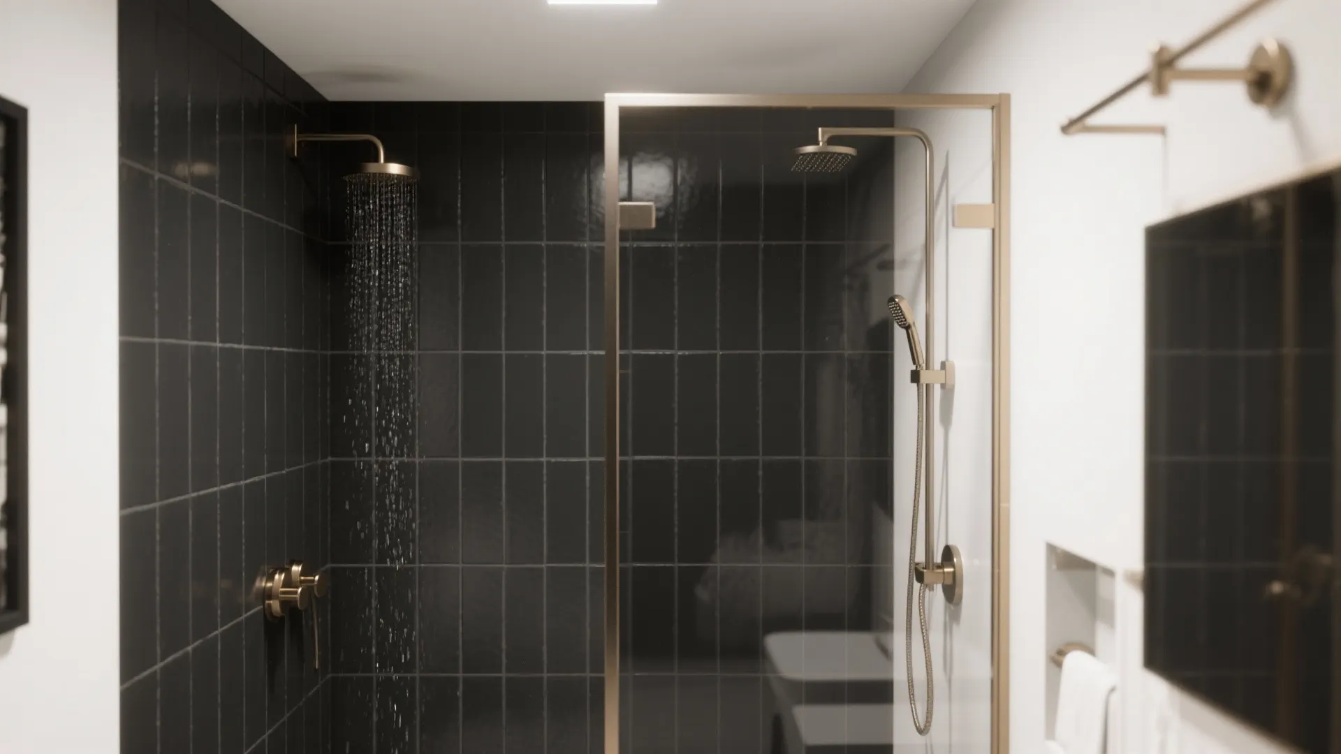 Modern shower area with black vertical tiles gold shower head glass door and white wall light
