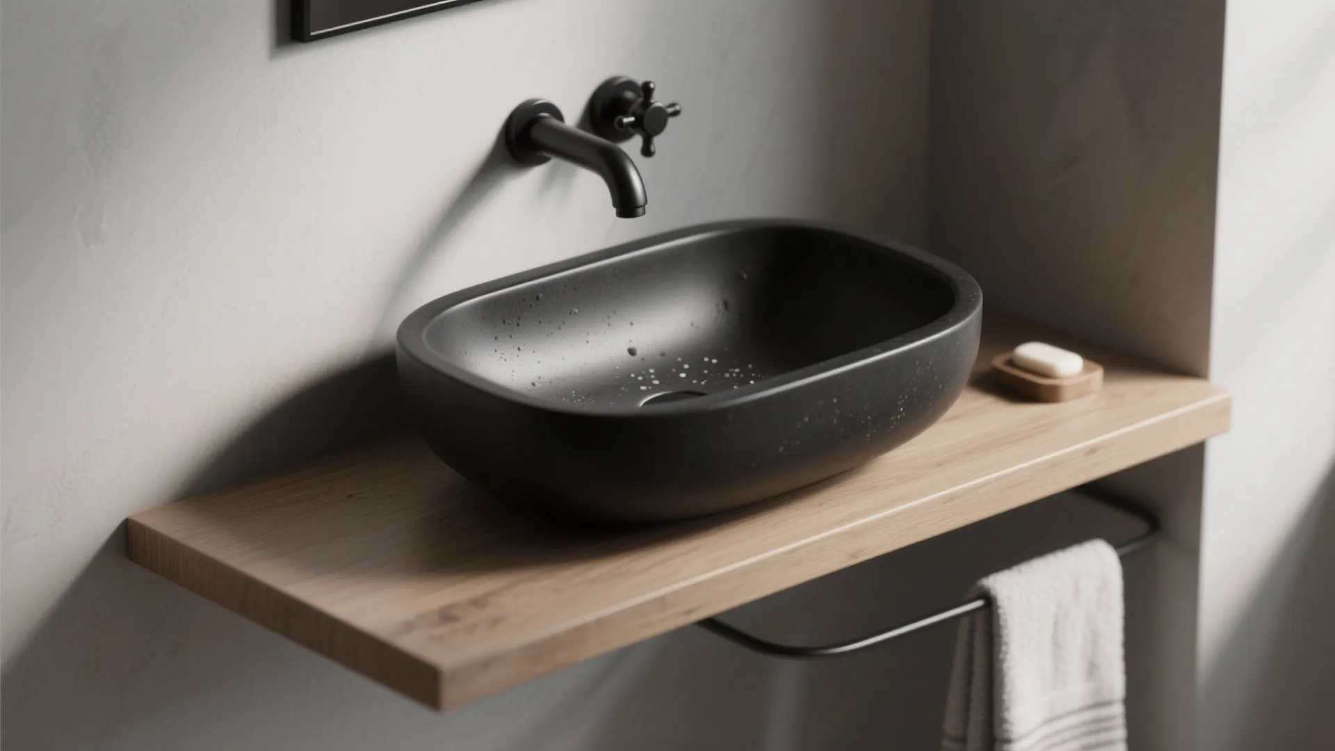1. Matte black vessel sink on a floating shelf