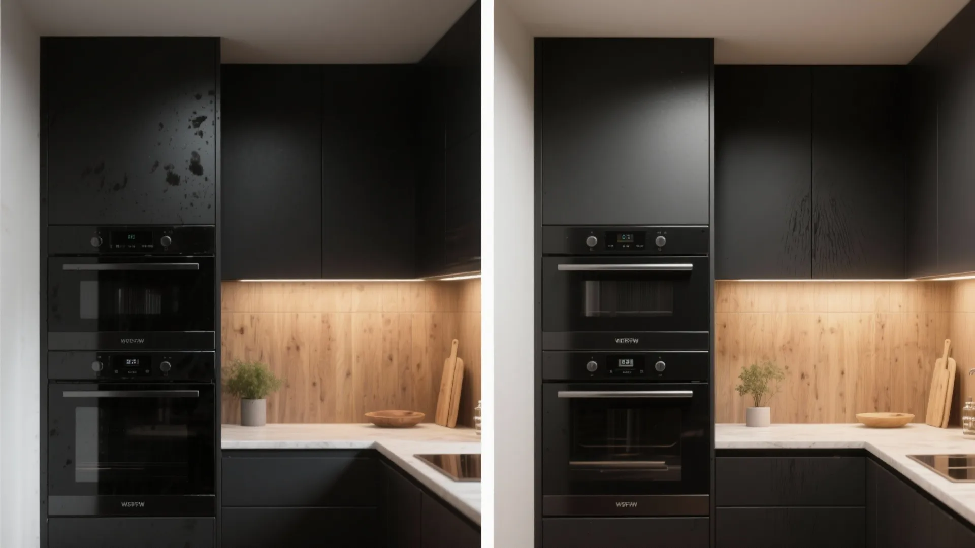 Before-and-after comparison of glossy black versus matte black appliance finishes in a small kitchen.