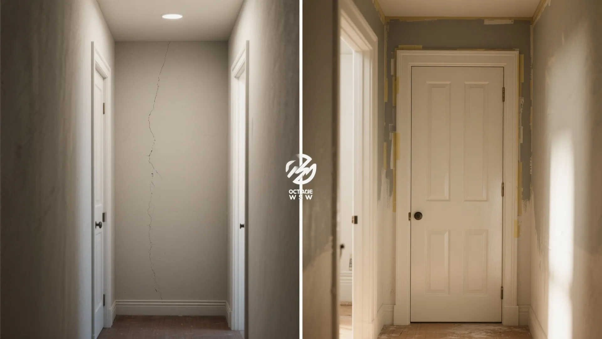 Side-by-side comparison of matte wall planes and glossy trim in a small hallway showing contrast and durability.