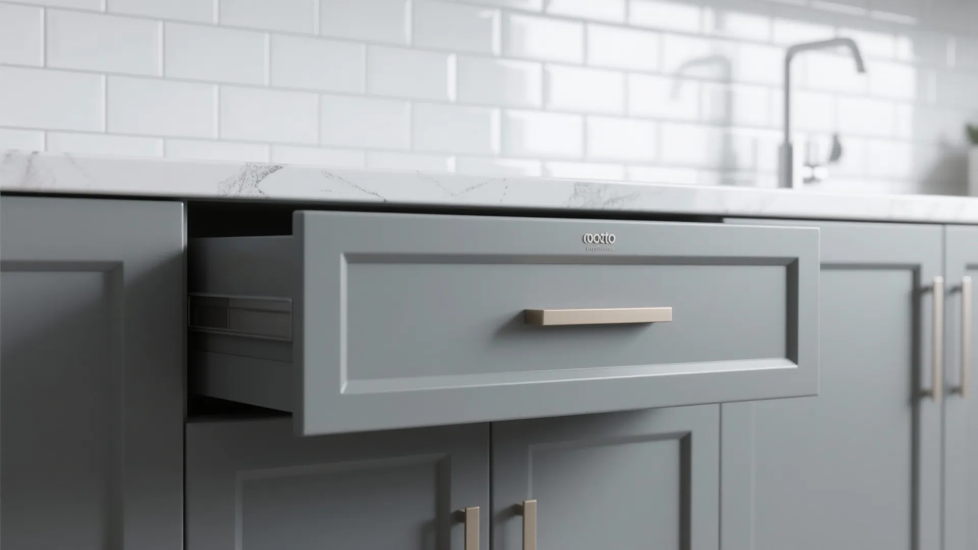 Modern grey kitchen cabinet with an open drawer showing gold handle and white marble countertop