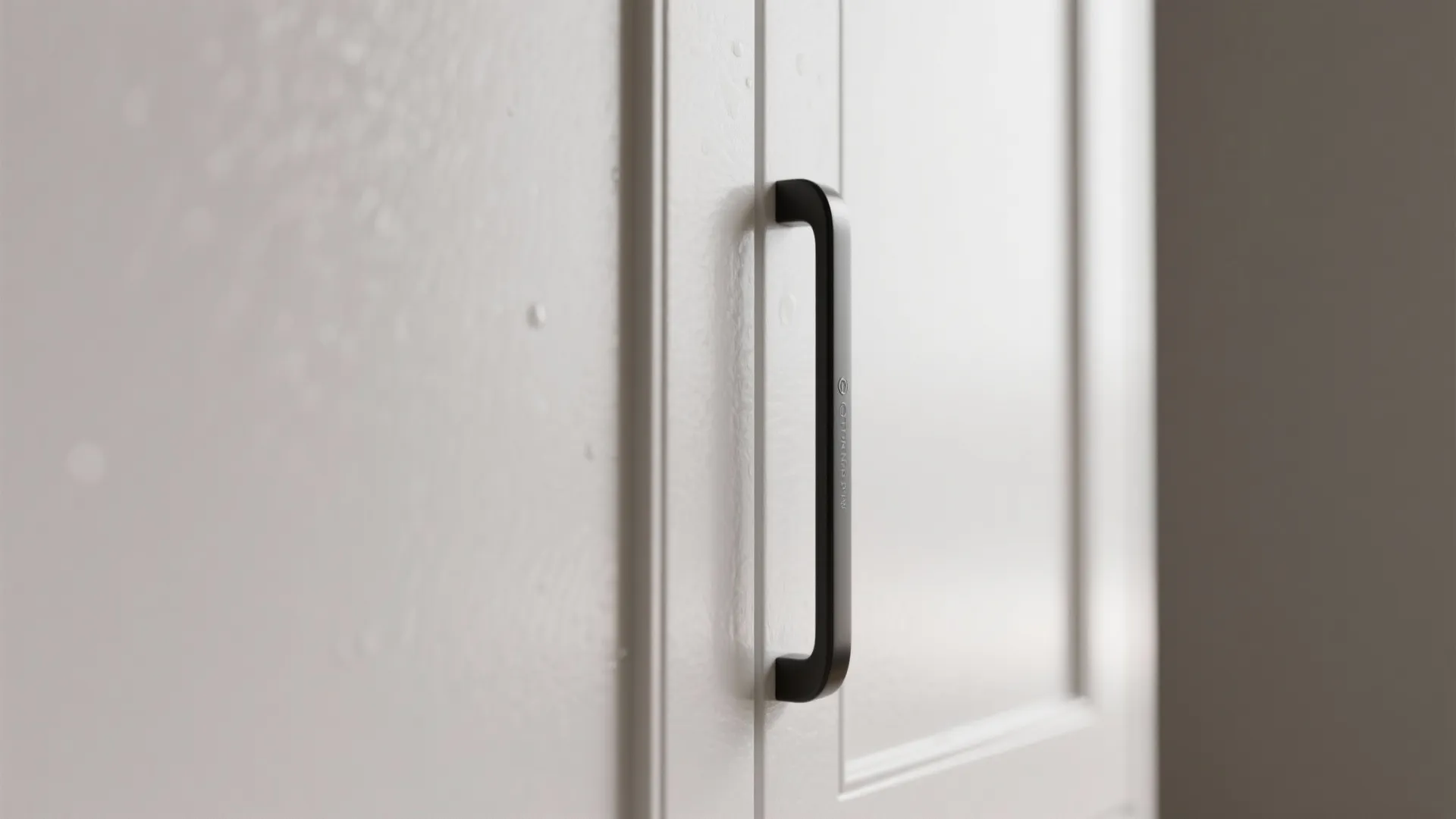 Macro comparison of matte and glossy white cabinet finishes with black hardware.