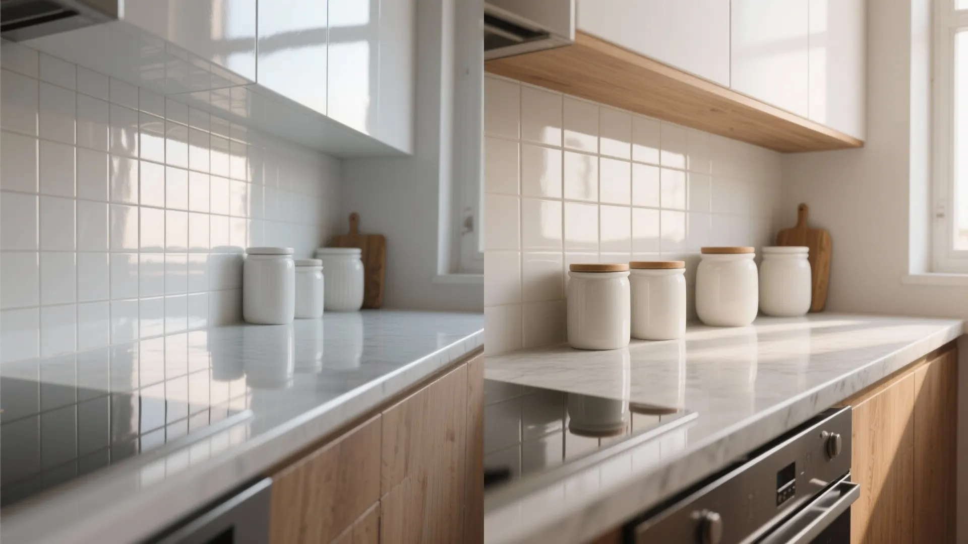 4. Mix textures: matte white canisters with glossy surfaces