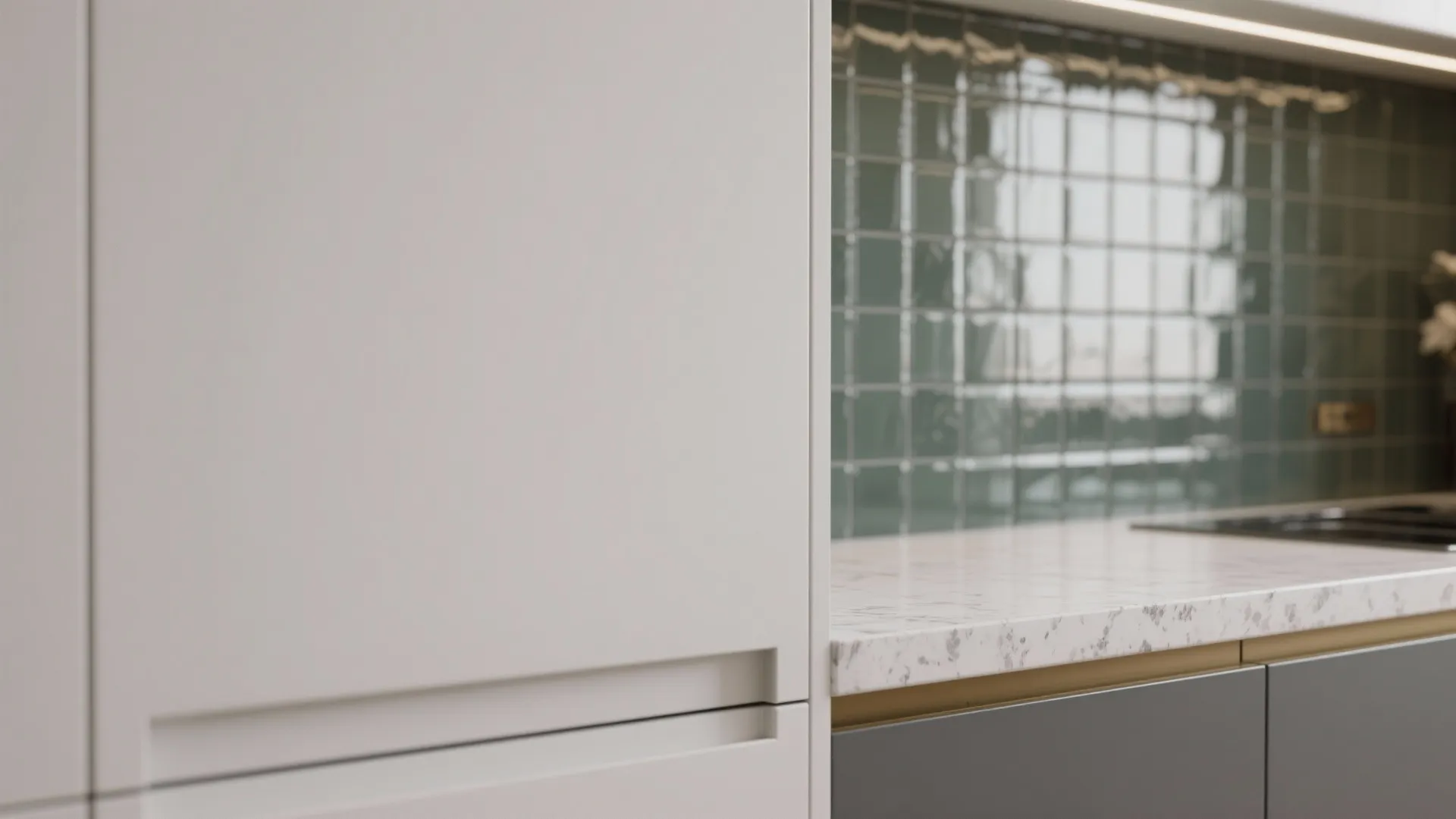 2. Texture first — matte cabinets, glossy backsplashes