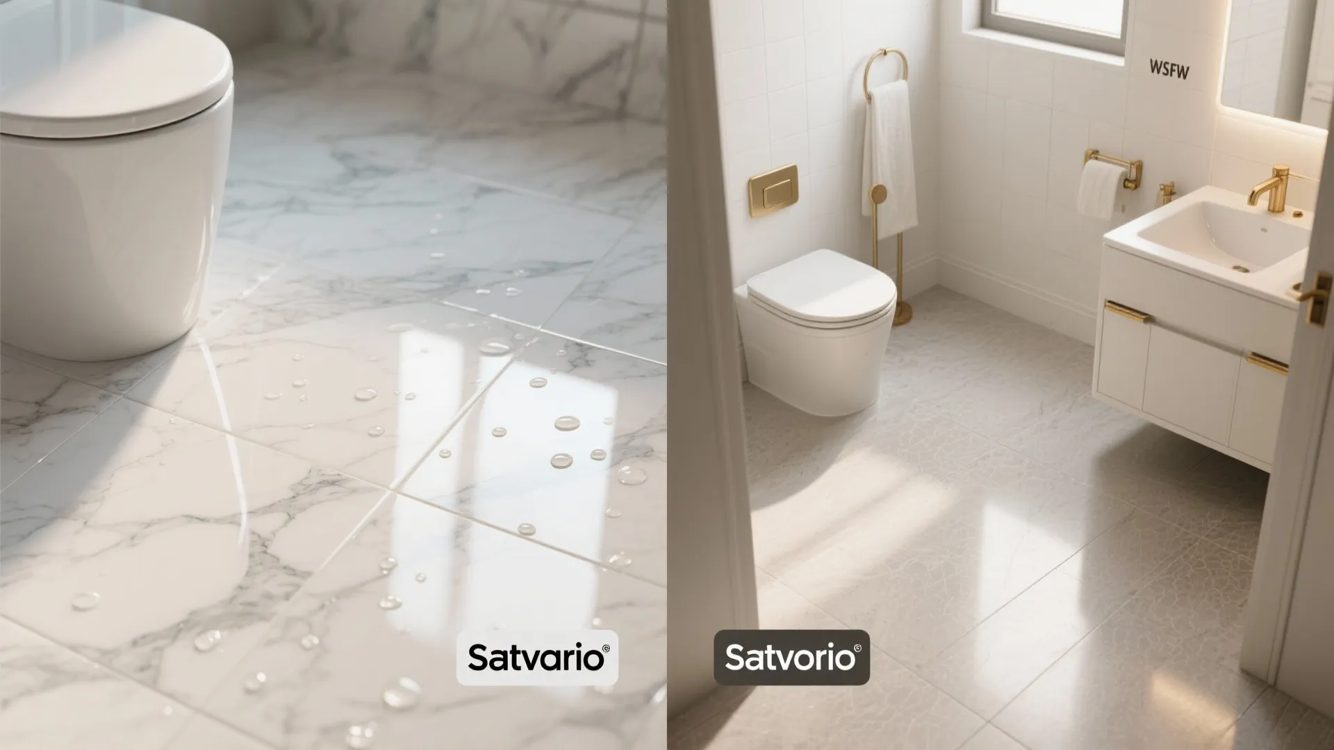 Comparison of glossy marble floor with water drops and matte beige floor in modern bathrooms