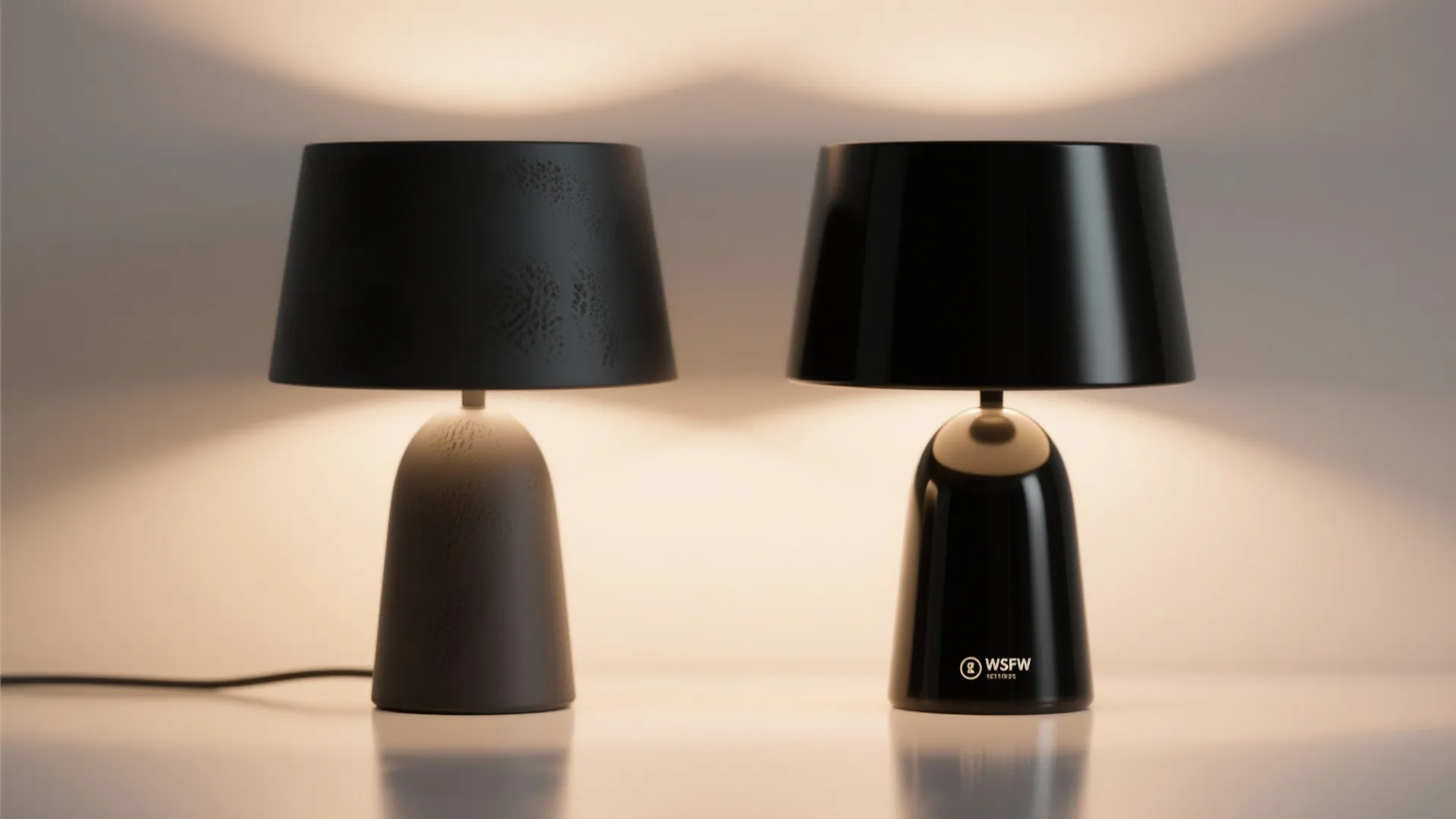 Side by side comparison of a matte black table lamp and a glossy black table lamp