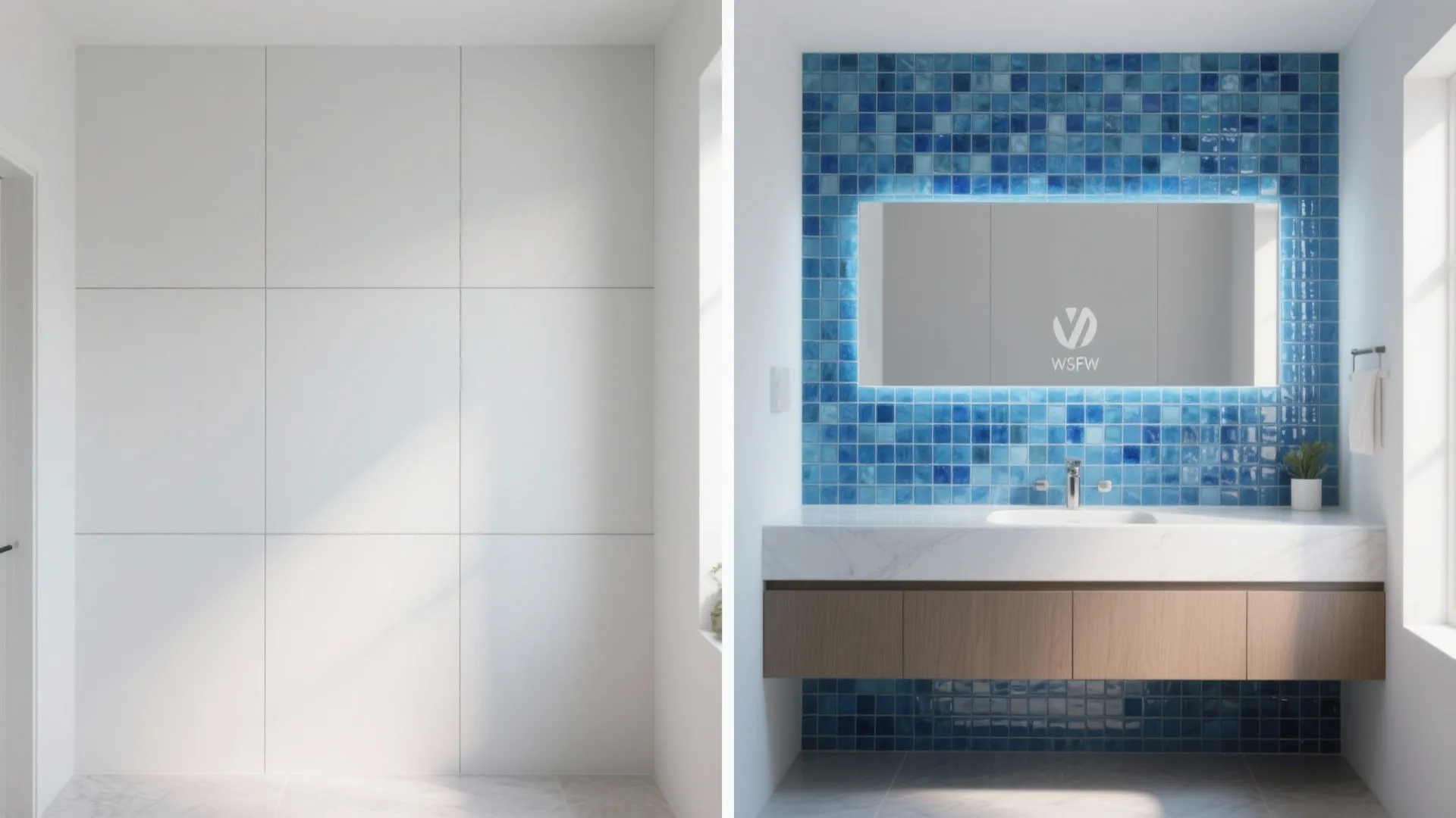 5. Mix matte white large slabs with glossy blue mosaics