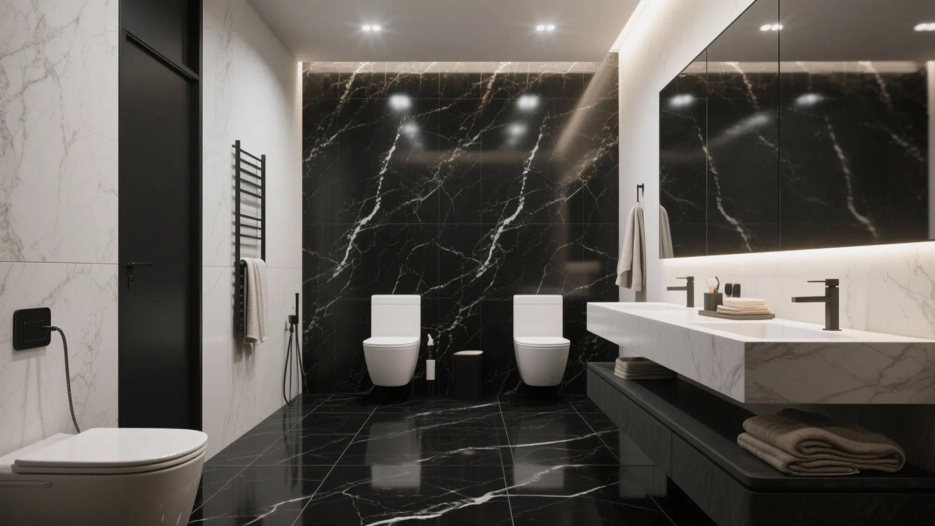 2. Matte black tiles + polished marble feature wall