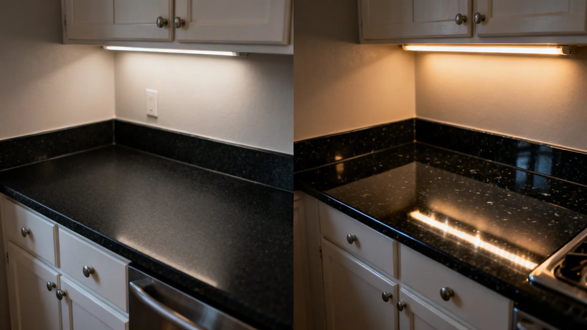 Side-by-side view of honed versus polished black granite finishes in the same small kitchen