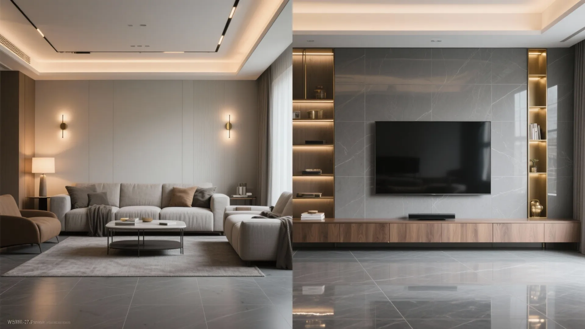 Modern living room comparison showing beige sofa wall lights and TV on grey marble tiles
