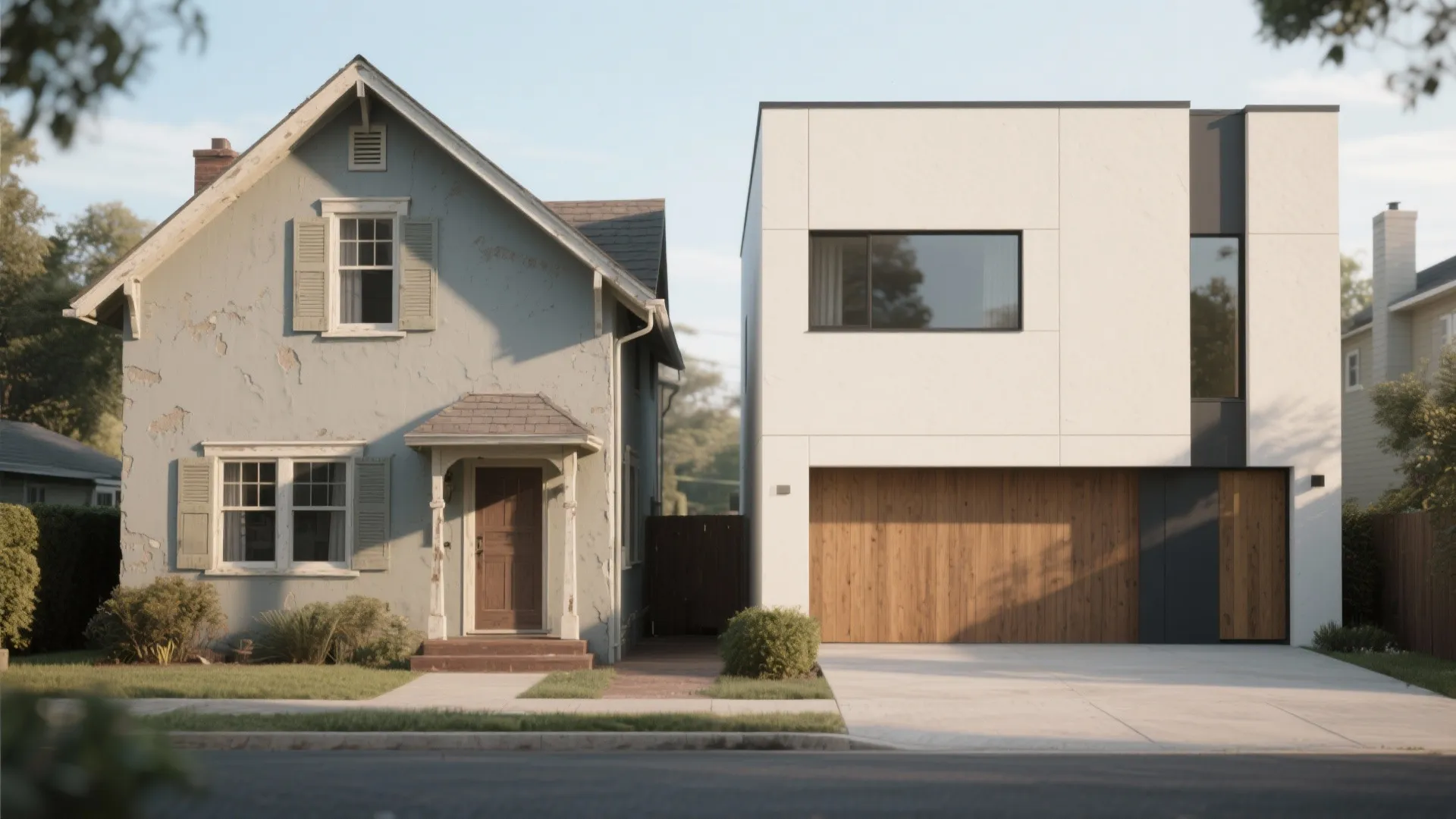Side-by-side comparison of a matte-finish older cottage and a satin-finish modern house facade.