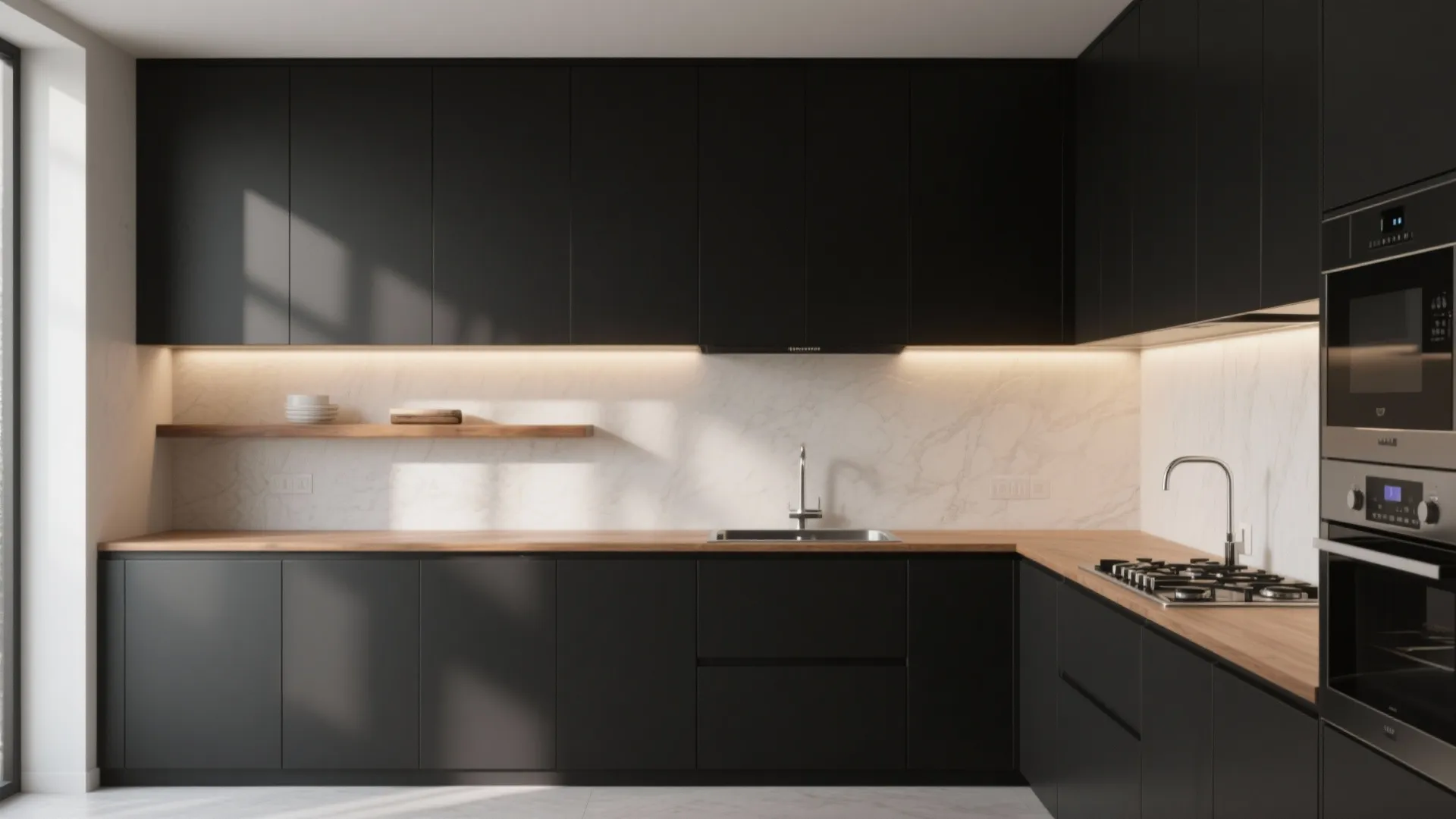 Minimalist black kitchen cabinets with wooden countertop marble back wall and sunlight coming through a window