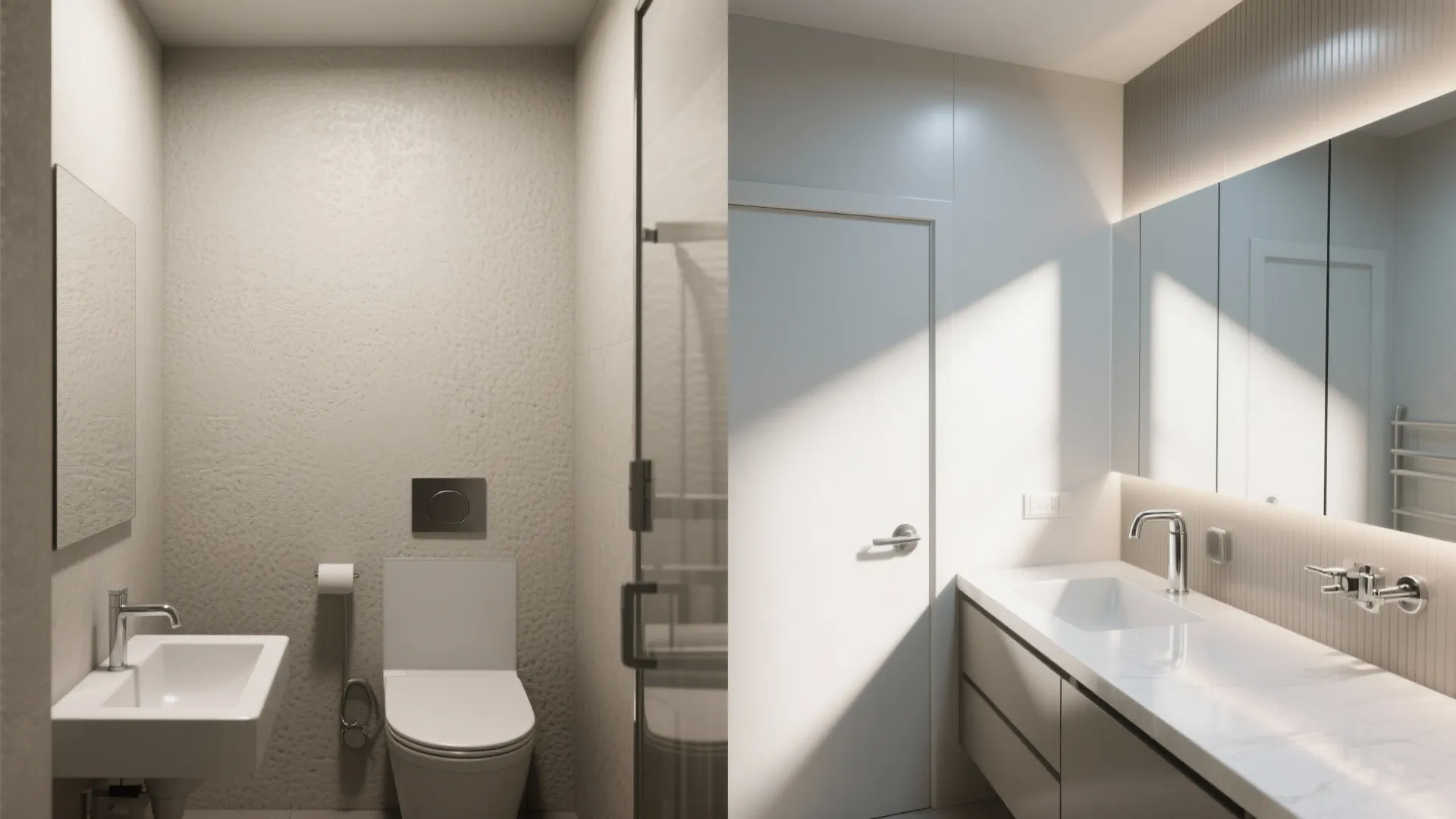 Side by side comparison of a small toilet room and a modern bathroom with sink
